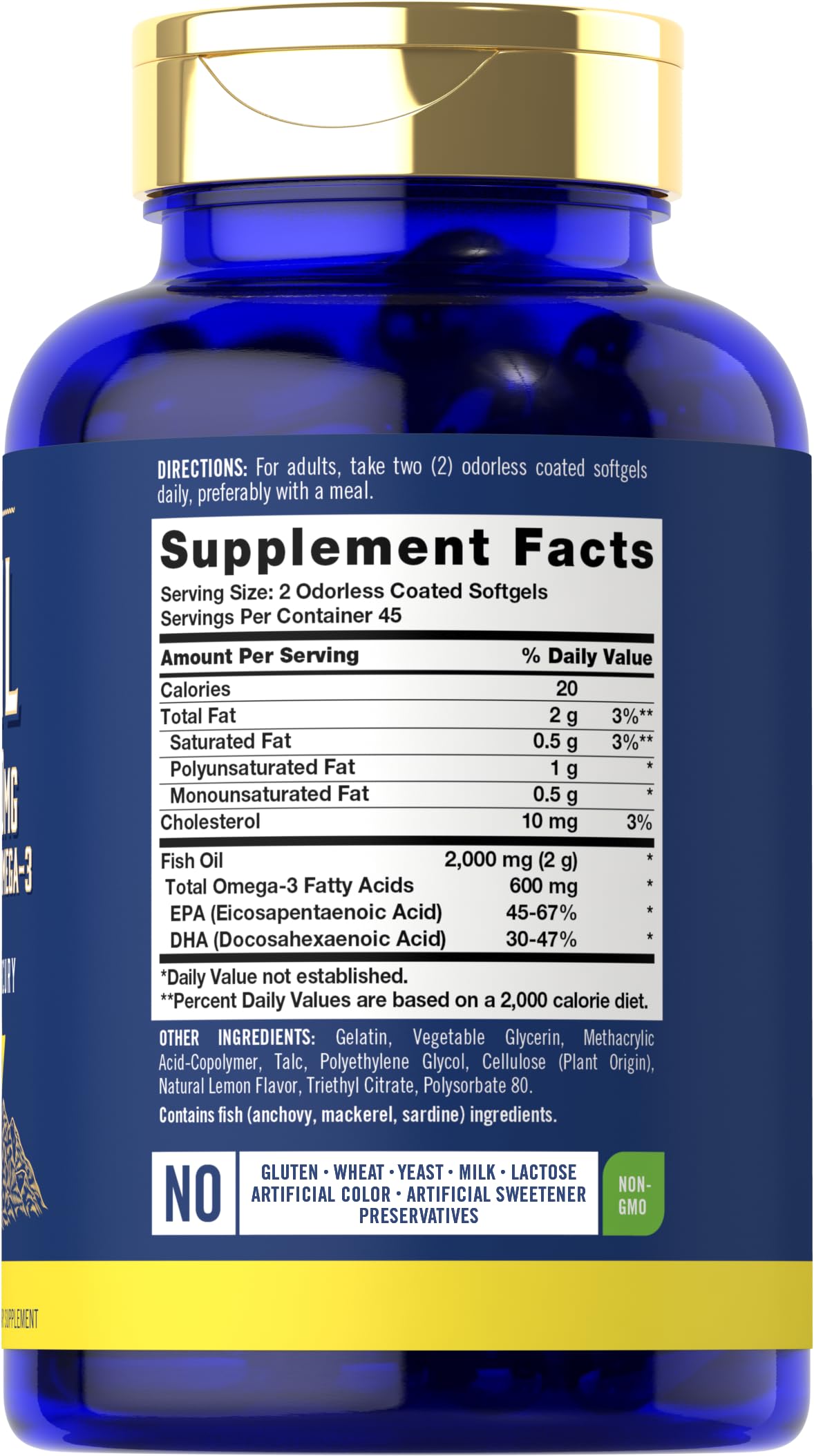 Carlyle Fish Oil 2000mg | 600mg Omega 3 Supplement for Men & Women | 90 Odorless Softgels | Lemon Flavored | Non-GMO and Gluten Free