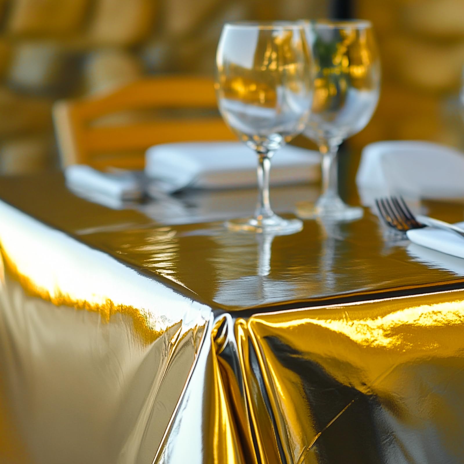 PartyWoo 3 pcs Gold Foil Table Cover, 54 x 108 Inch Rectangle Waterproof Tablecloth for 6 to 8 Foot Tables, Disposable Plastic Party Tablecloth for Christmas Graduation Birthday Party Decorations