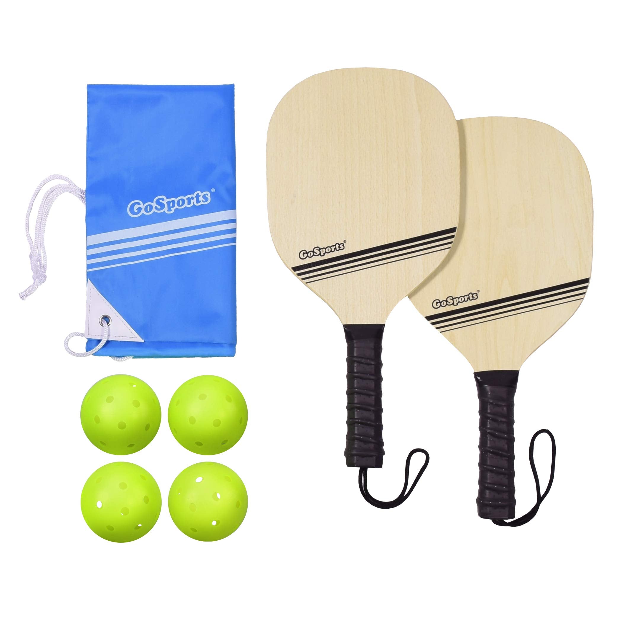 GoSports Wood Pickle Ball Starter Set - Includes 2 Wooden Paddles, 4 Official Pickleballs & Backpack Tote