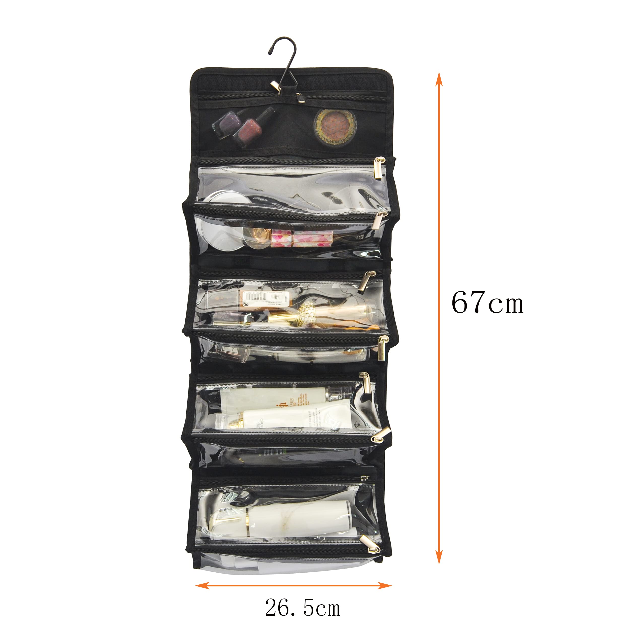 Jula Vance Large Capacity Hanging Eco Polyester Travel Toiletry Bag Makeup Cosmetic Bag 4-in-1 Roll-Up Make Up Storage Organizer With 4 detachable Removable Zipper Clear TPU Pouches & Hook