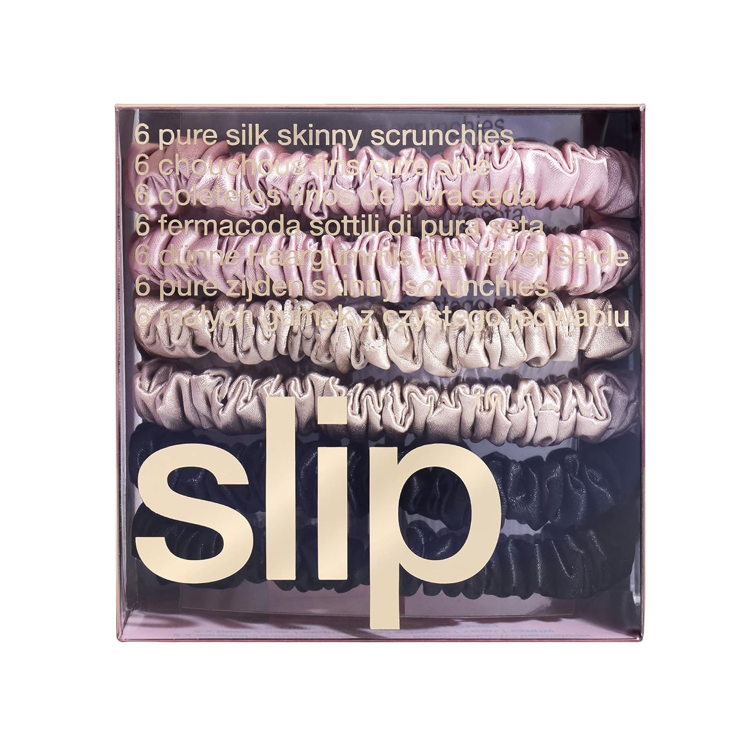 Slip Silk Skinnie Scrunchies in Black, Pink, and Caramel - Elastic Scrunchies Set (6 Scrunchies)