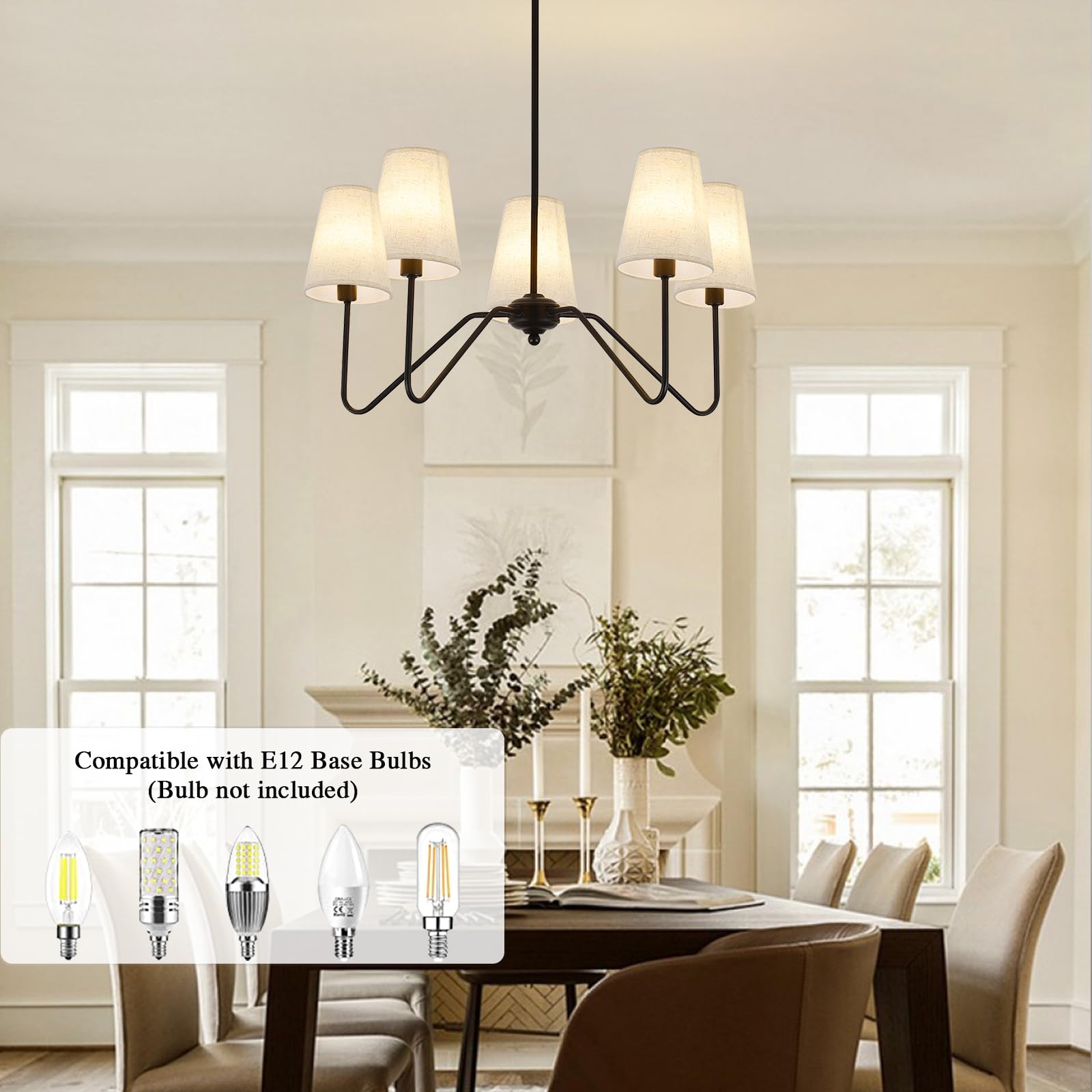 FIYUEOYI 5-Light Modern Chandeliers, Pendant Lights Fixture with Linen Beige Fabric Shade for Living Room Dining Room Bedroom Hallway Entryway, Height Adjustable