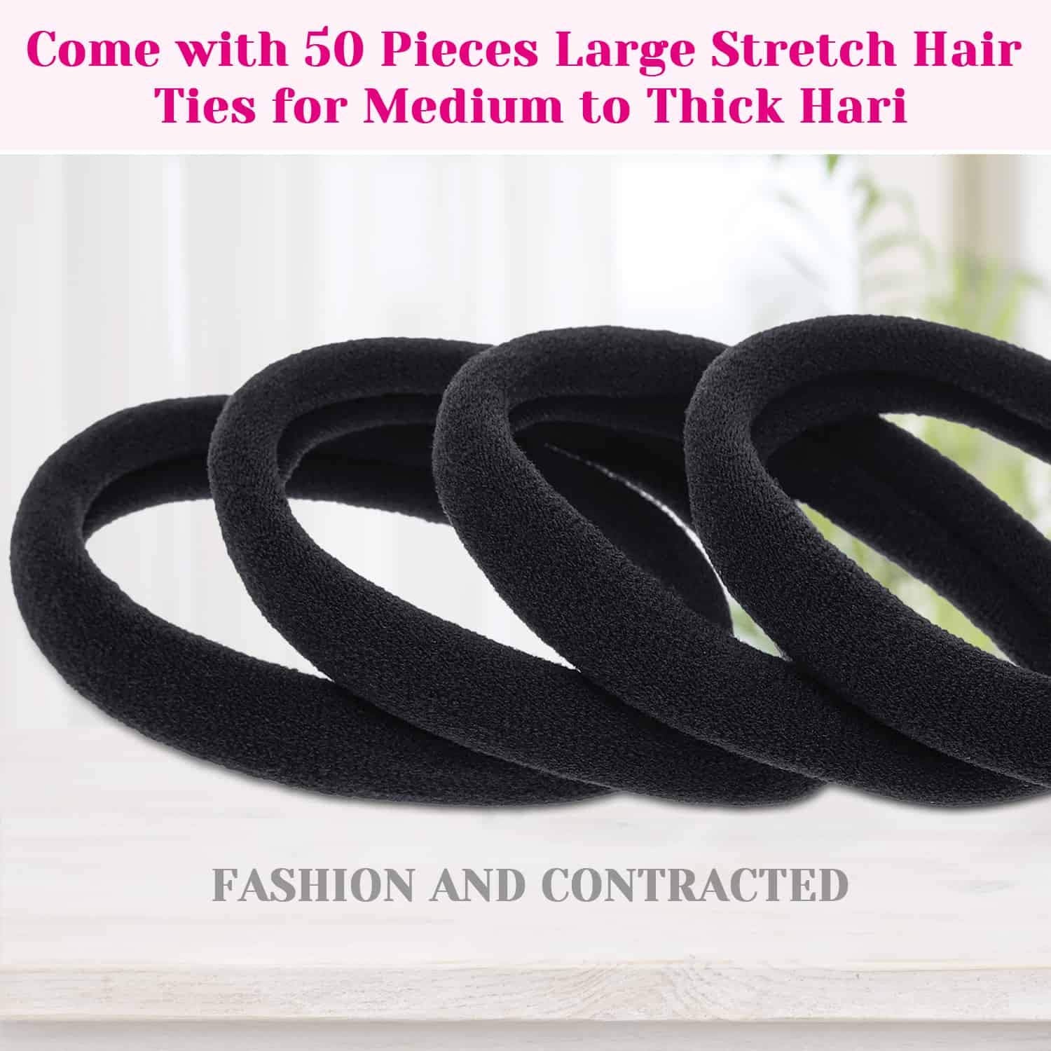 Anezus 50 Pcs Thick Black Hair Ties Large Elastics Bulk Hair Ties Stretch Hair Bands Ponytail Holders for Thick Heavy and Curly Hair