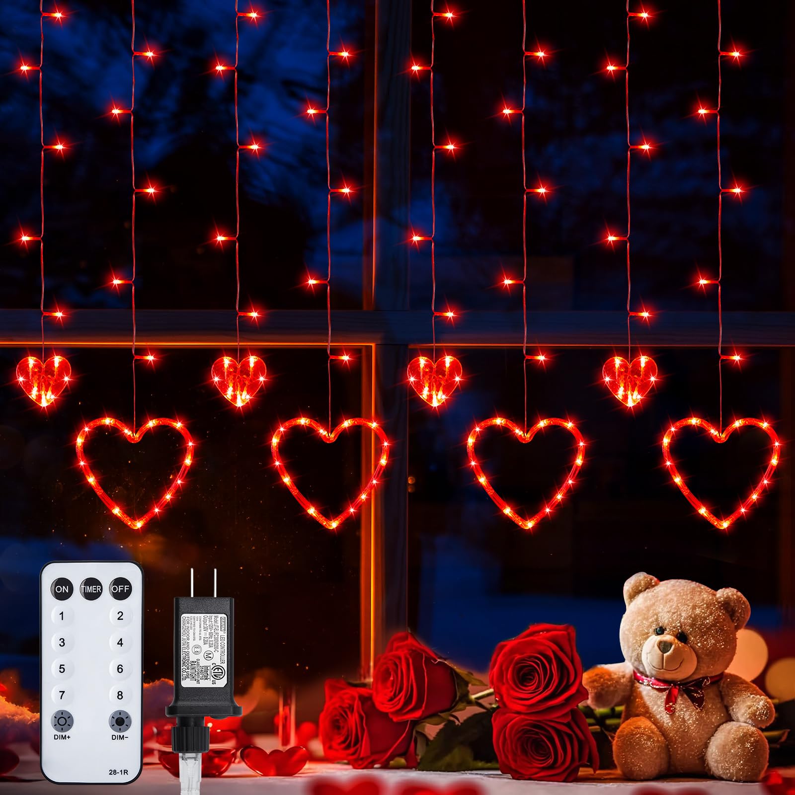 Valentines Day Decor, Red Love Heart String Lights for Bedroom, 12 Hearts 138 LED Fairy Twinkle Lights with Remote, 8 Lighting Modes Connectable Window Lights for Valentine's Day Wedding Home Decor