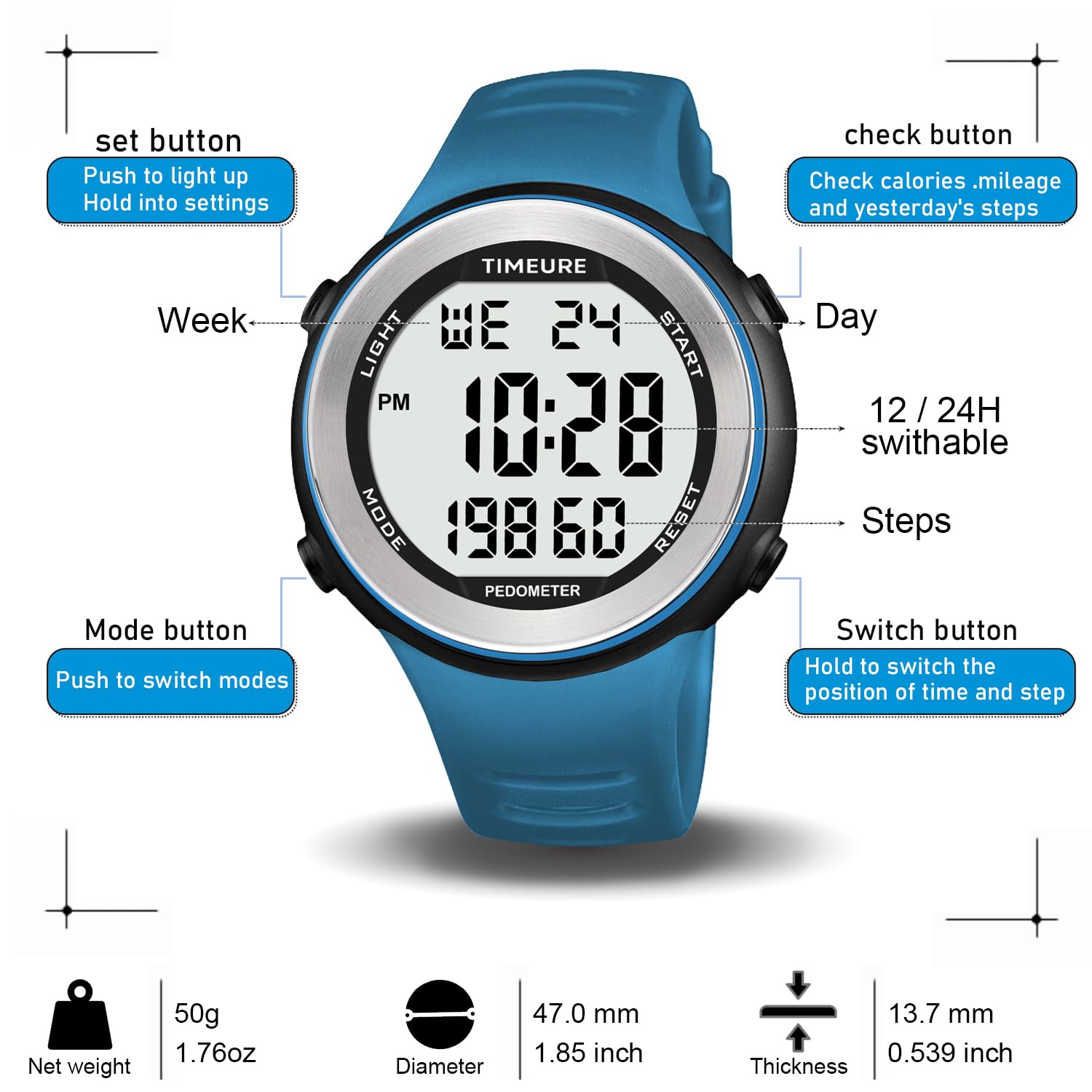 Mens Pedometer Watch for Walking Step Counter Watch No Charging, No App Connection, with EL Backlight. Simple, Practical Choice for Mobile-Free Fitness Enthusiasts TIMEURE-2308 (Black)