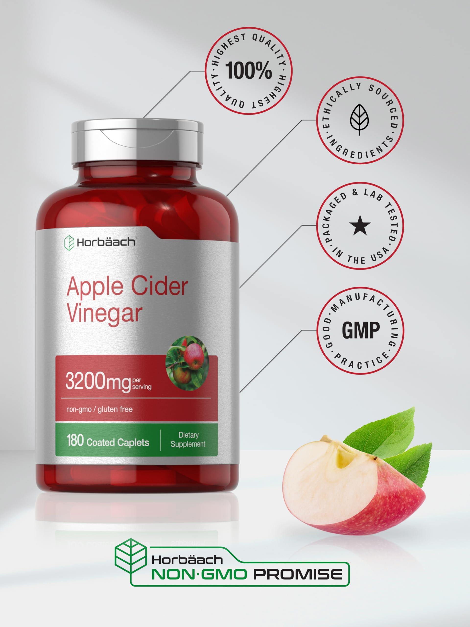 Horbäach Apple Cider Vinegar Caplets 3200mg | 180 Pills | Vegetarian, Non-GMO & Gluten Free Supplement