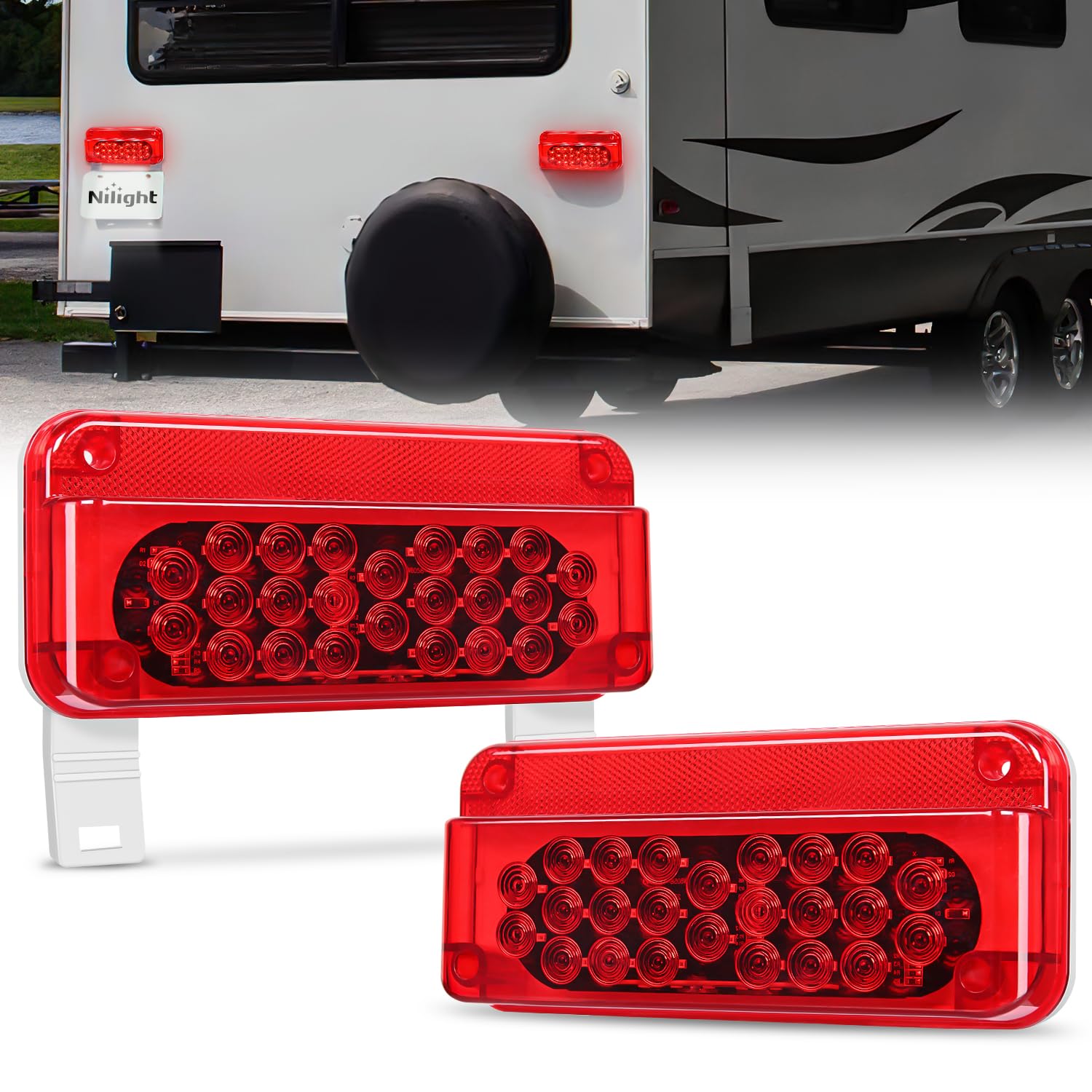 Nilight LED RV Tail Light 2PCS 54 LED White License Plate Light Red Running Stop Brake Turn Signals Light Surface Mount Waterproof Taillights for RV Camper Van Caravan