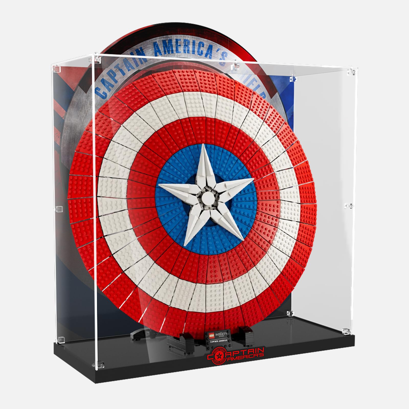 NAOCARD Acrylic Display Case for Lego Captain America’s Shield 76262 Model Kit for Adults, Dustproof Display Box, Clear Acrylic Plate with Base & HD Painted Background (Box Only, Model Not Included )