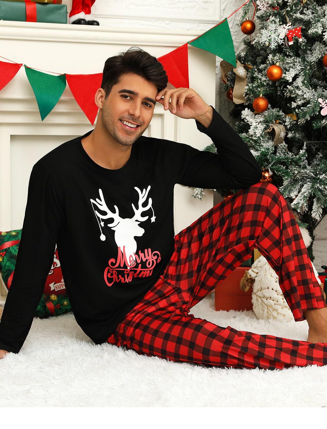 EISHOPEER Men Cotton Pajamas Set Long Sleeve Printed Sleepwear Loungewear with Pockets Black/Red Plaid X-Large