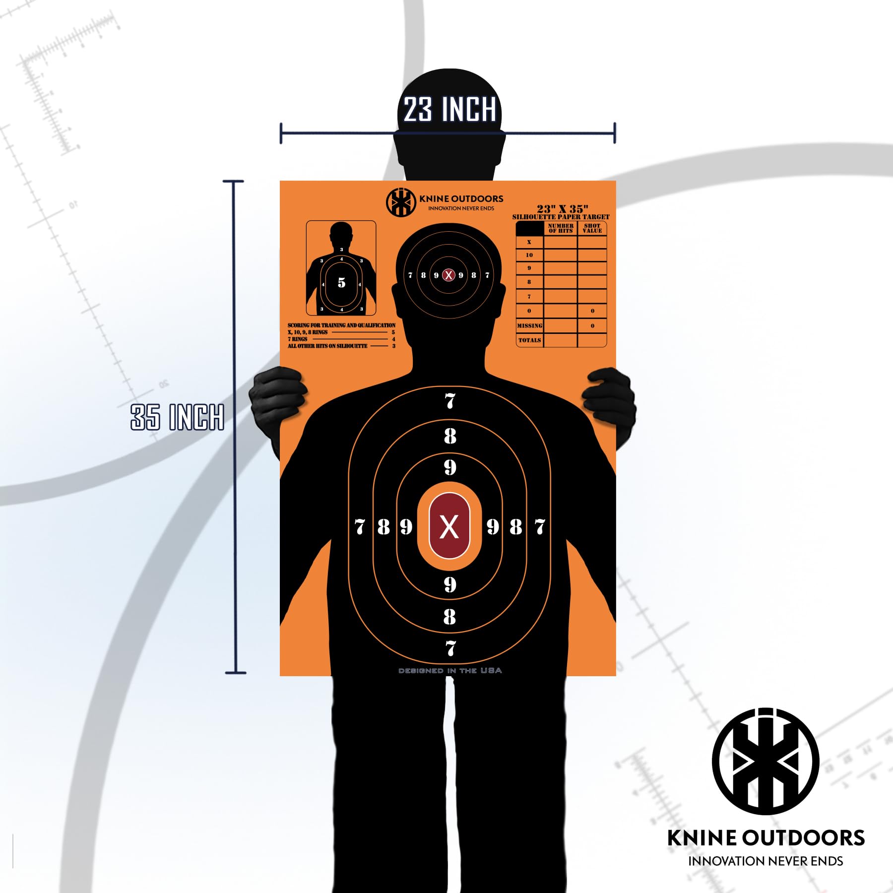 KNINE OUTDOORS Shooting Paper Targets for Shooting Range, 23 x35 inch, Bulk for Hunting, Handguns, Pistols, Rifles, Silhouette with Red Bullseye, Orange Design (10 Pack)