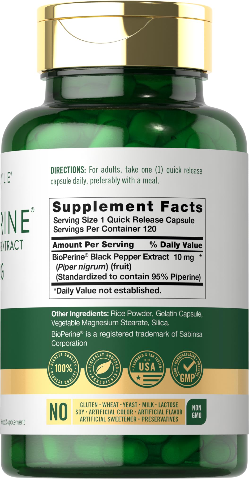 Carlyle Bioperine 10mg | 120 Capsules | Non-GMO & Gluten Free | Sourced from Black Pepper Extract | Supports Curcumin Powder Absorption