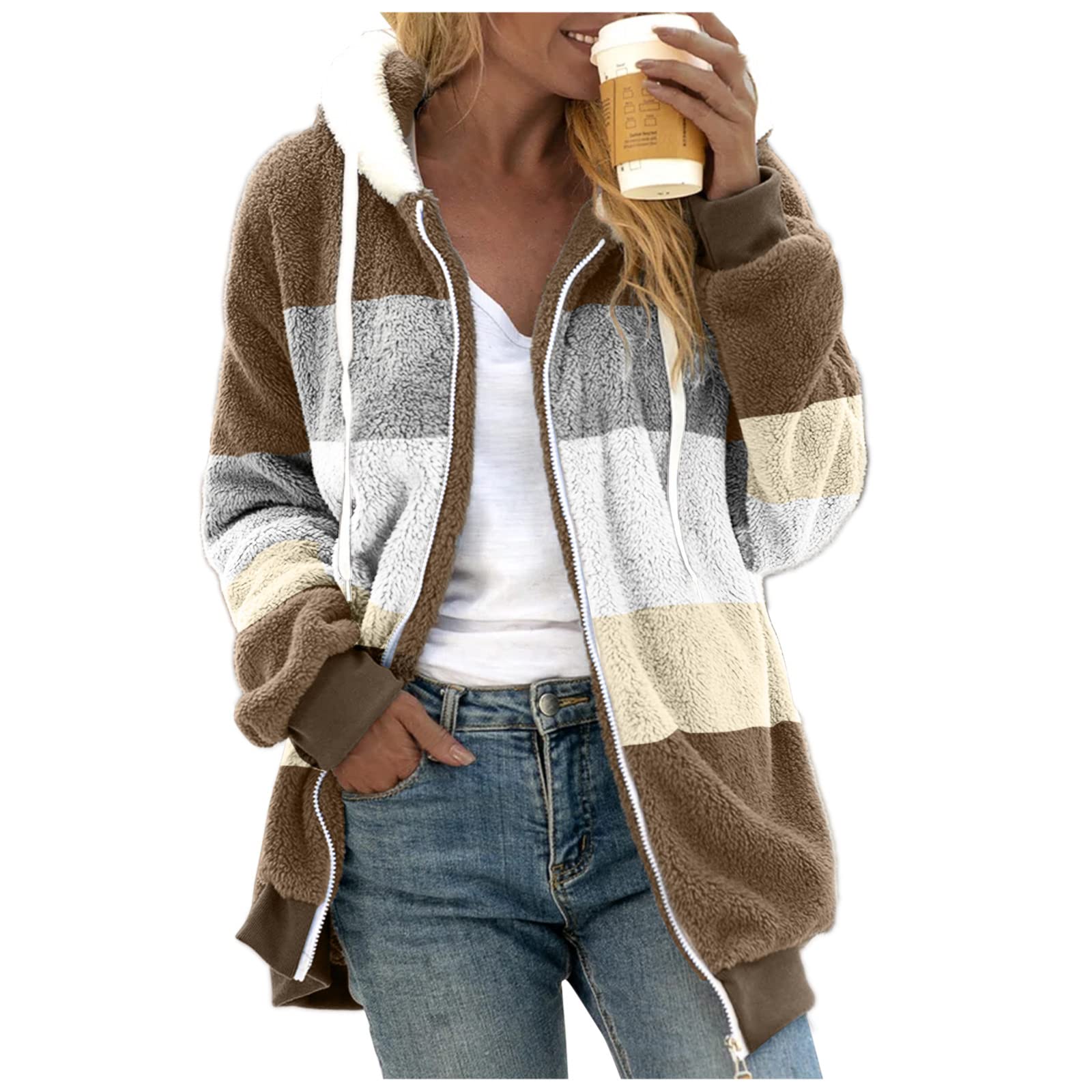 Droeadgor women jackets cute cardigan Winter Coats for Women,Fuzzy Fleece Jacket Hooded Color Patchwork Cardigan Coats Outerwear with Pockets amazon days early today Khaki-4 XXL