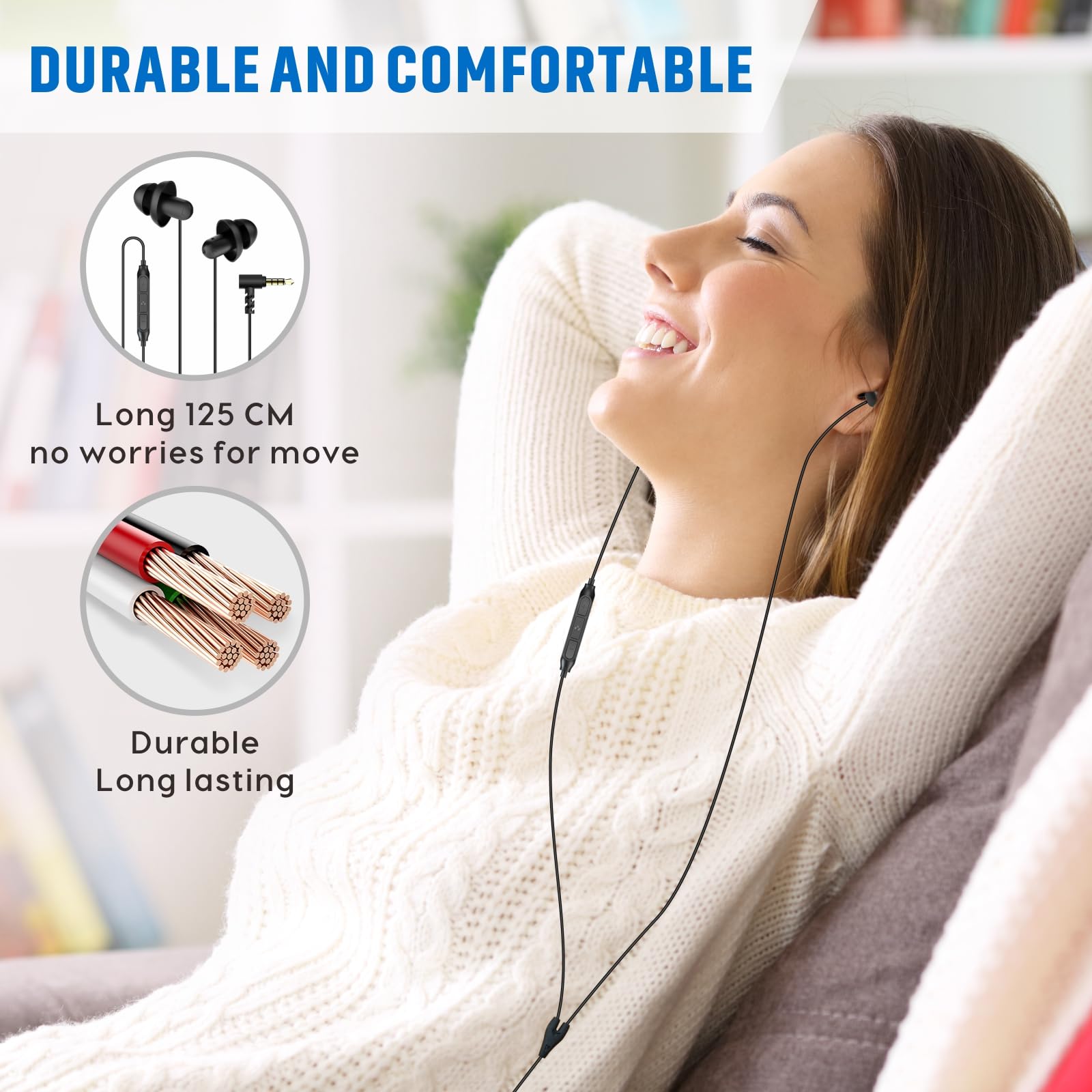 Hearprotek Sleep Earbuds, Lightweight Soft Noise Reduction Earbuds Wired with Mic and Volume Control, 3.5mm Tangle Free Sleep Headphones for Side Sleepers, Snoring, Air Travel, Meditation, Relaxation