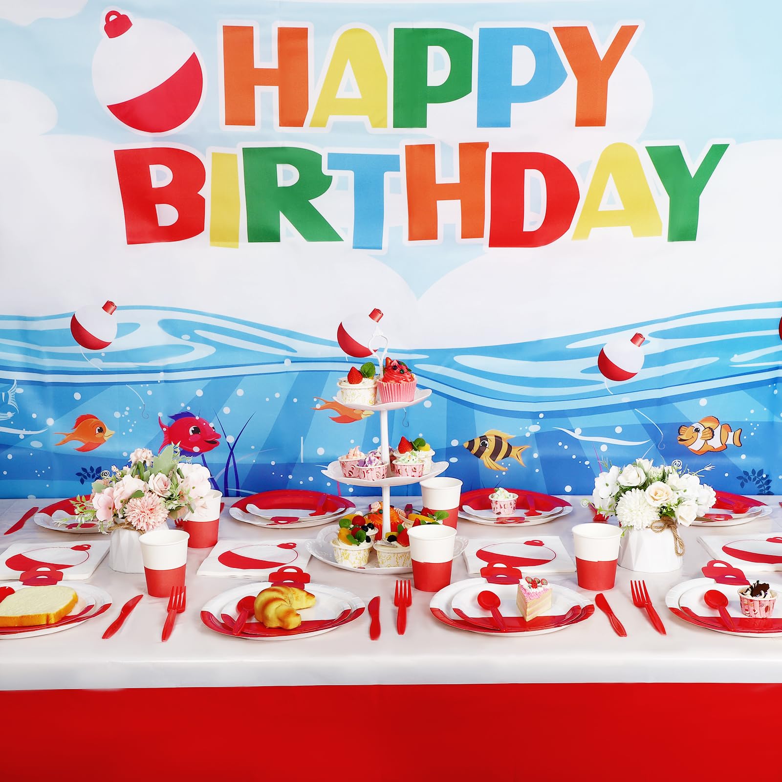 TWOWYHI 183PCS Gone Fishing Birthday Decorations Party Supplies Set 24 Guests Fishing Birthday Party Paper Plates Napkins Cups Banner Backdrop Tablecloth for Fishing Party Decorations Tableware Set