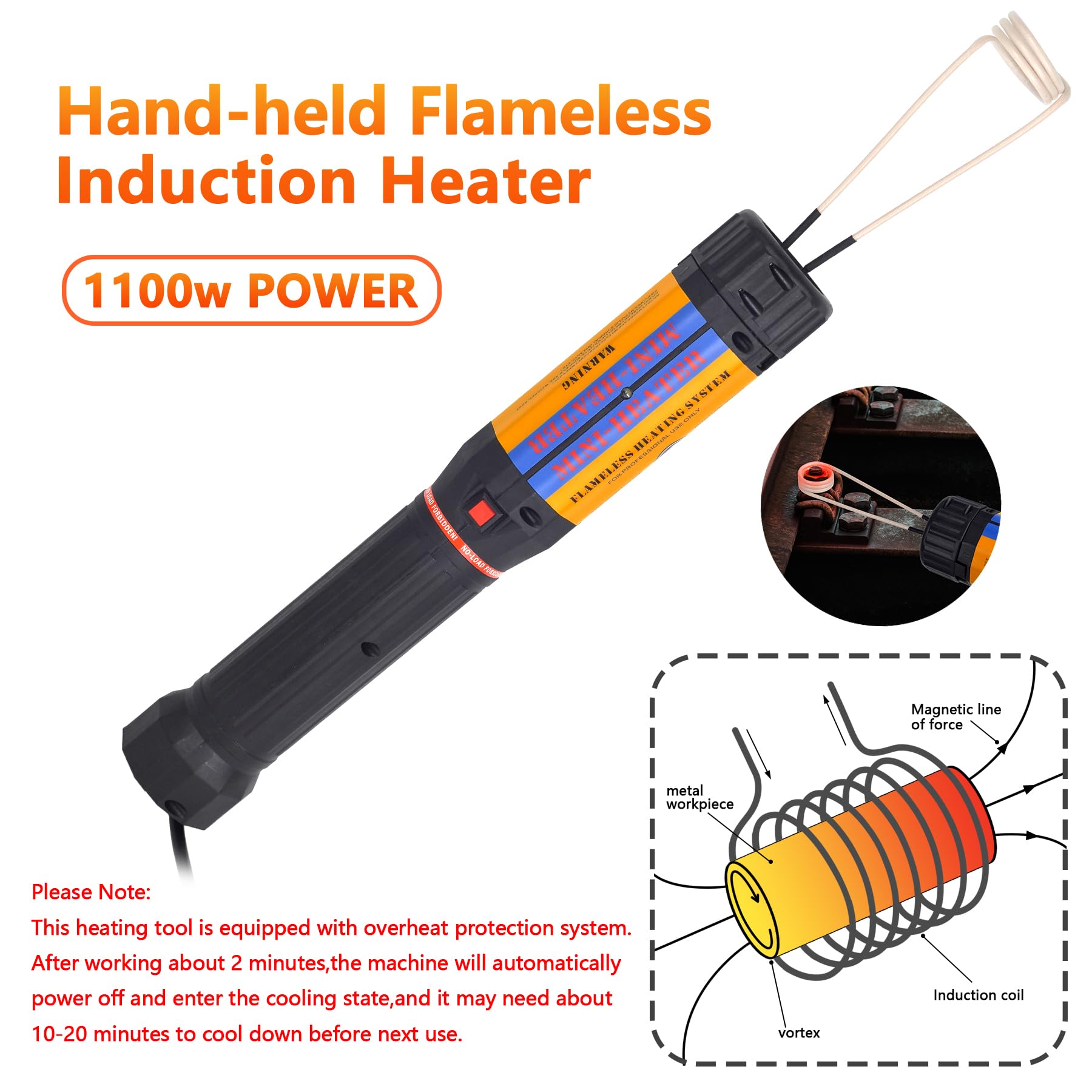 1100W Induction Heater Tool, 10 Coils Magnetic Induction Heater Kit Automotive Flameless Heating Handheld Bolt Removal Rusty Screw Removing Tool