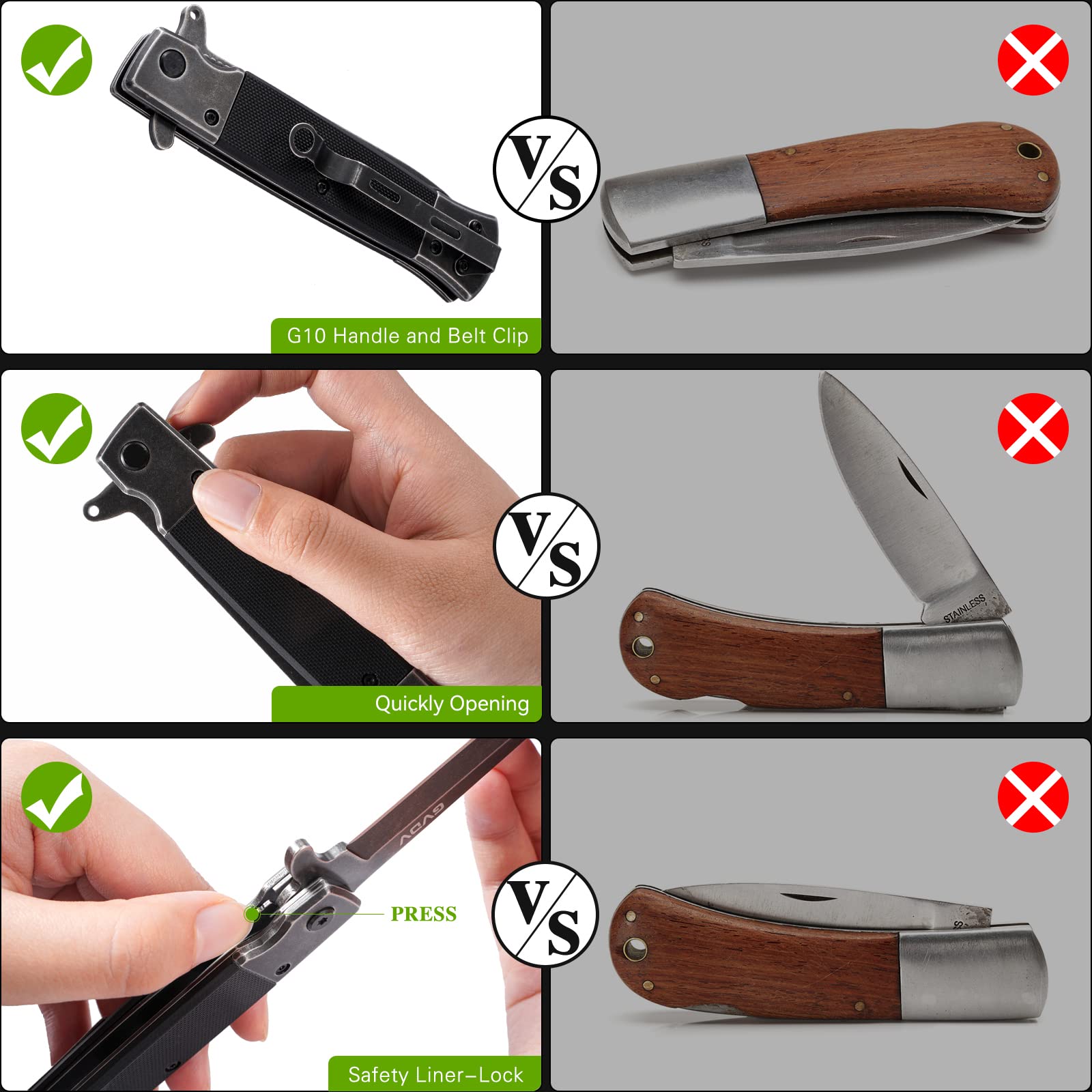 GVDV Pocket Knife Folding Knives, Cool Pocket Knives for Men, 7Cr17 Stainless Steel Knife Set with Sharpening for Fishing Camping Hunting Hiking, Black Stonewashed