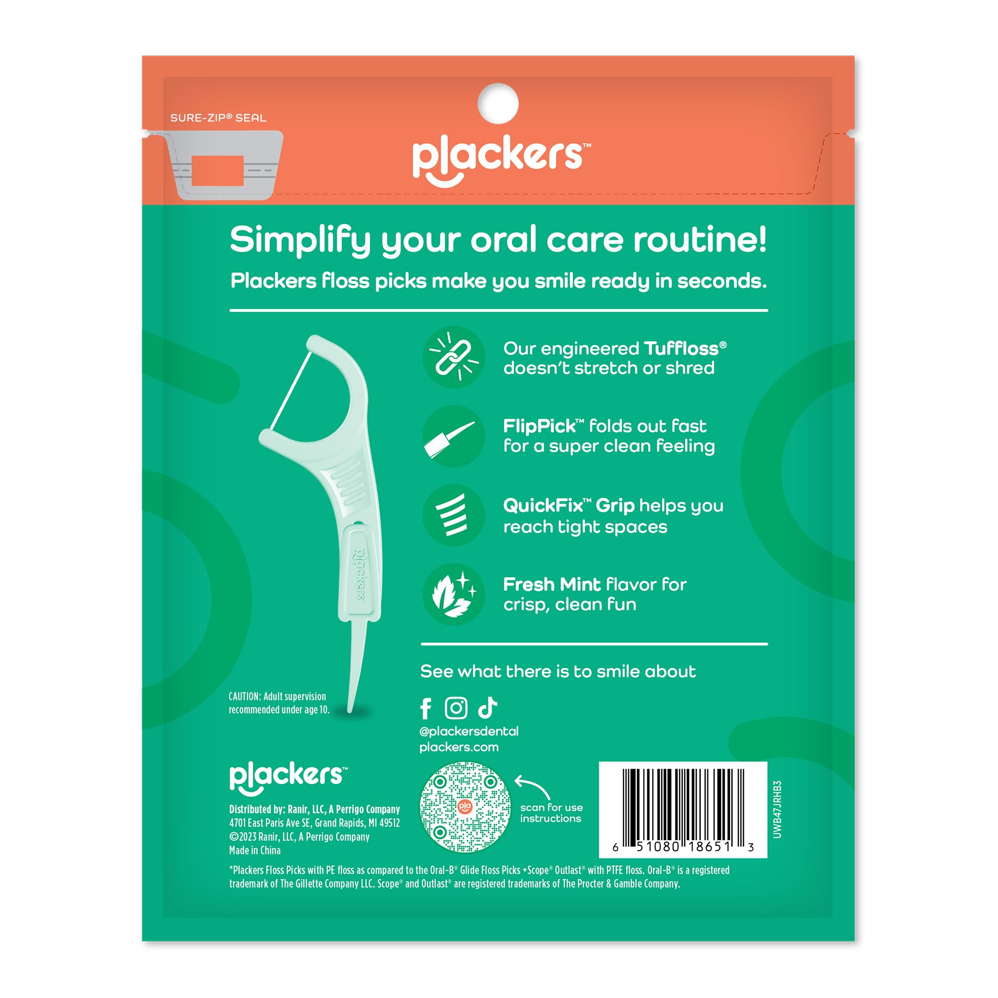 Plackers Micro Line Dental Floss Picks, Fold-Out FlipPick, Tuffloss, Easy Storage with Sure-Zip Seal, Fresh Mint Flavor, 150 Count