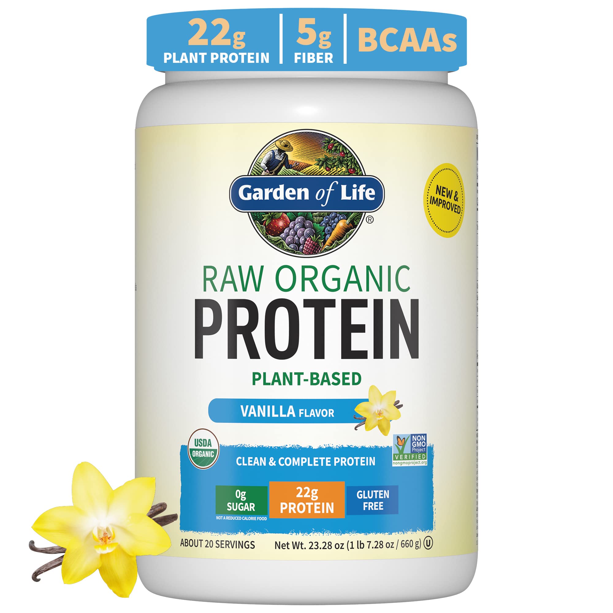 Vegan Protein Powder - Vanilla Protein Powder, Organic Protein Powder, 22g Plant Based Protein & BCAAs, Probiotics & Digestive Enzymes - Garden of Life Protein Powder, Gluten & Lactose Free 1.5 LB