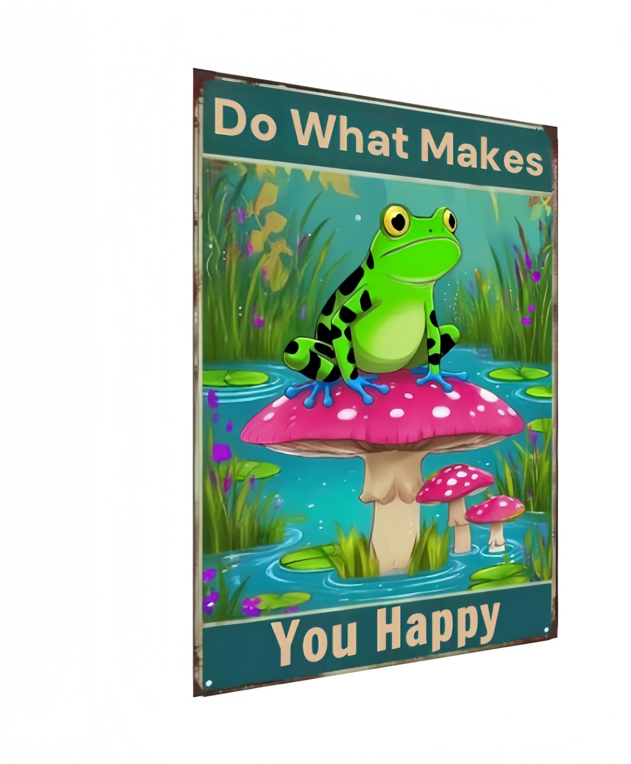 Carastora Cute Frog & Mushroom Metal Sign, Rustic Vintage Tin Wall Art for Home, Bedroom, and Office, Nature Inspired “Do What Makes You Happy ” Decorative Plaque, 12x8 Inch