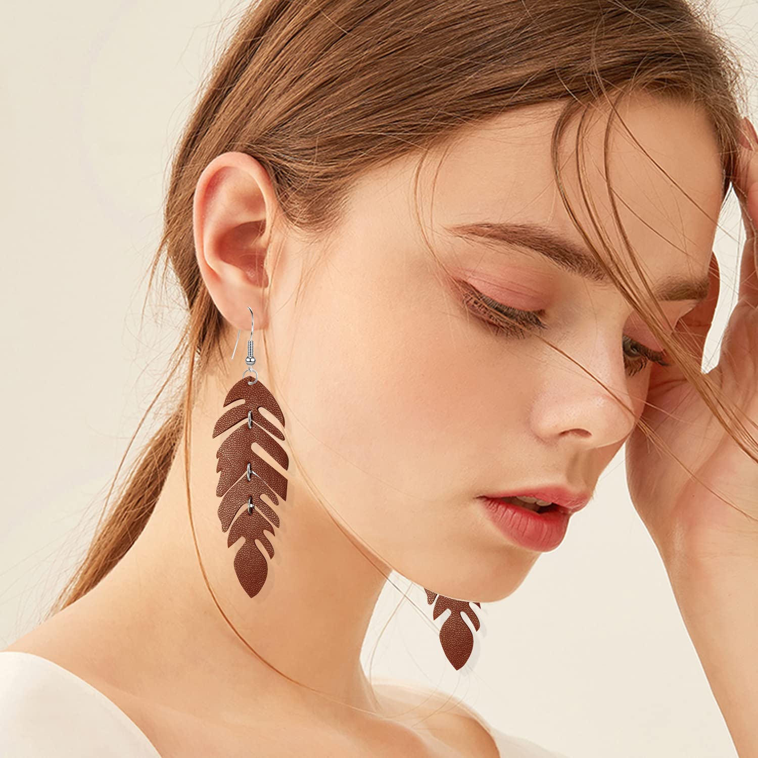 WUWEIJIAJIA Handmade Unique Lightweight Bohemian Genuine Leather Leaf Dangle Drop Earrings Dainty Sparkly Chain Feather Hook Earring for Women Statement (Brown)