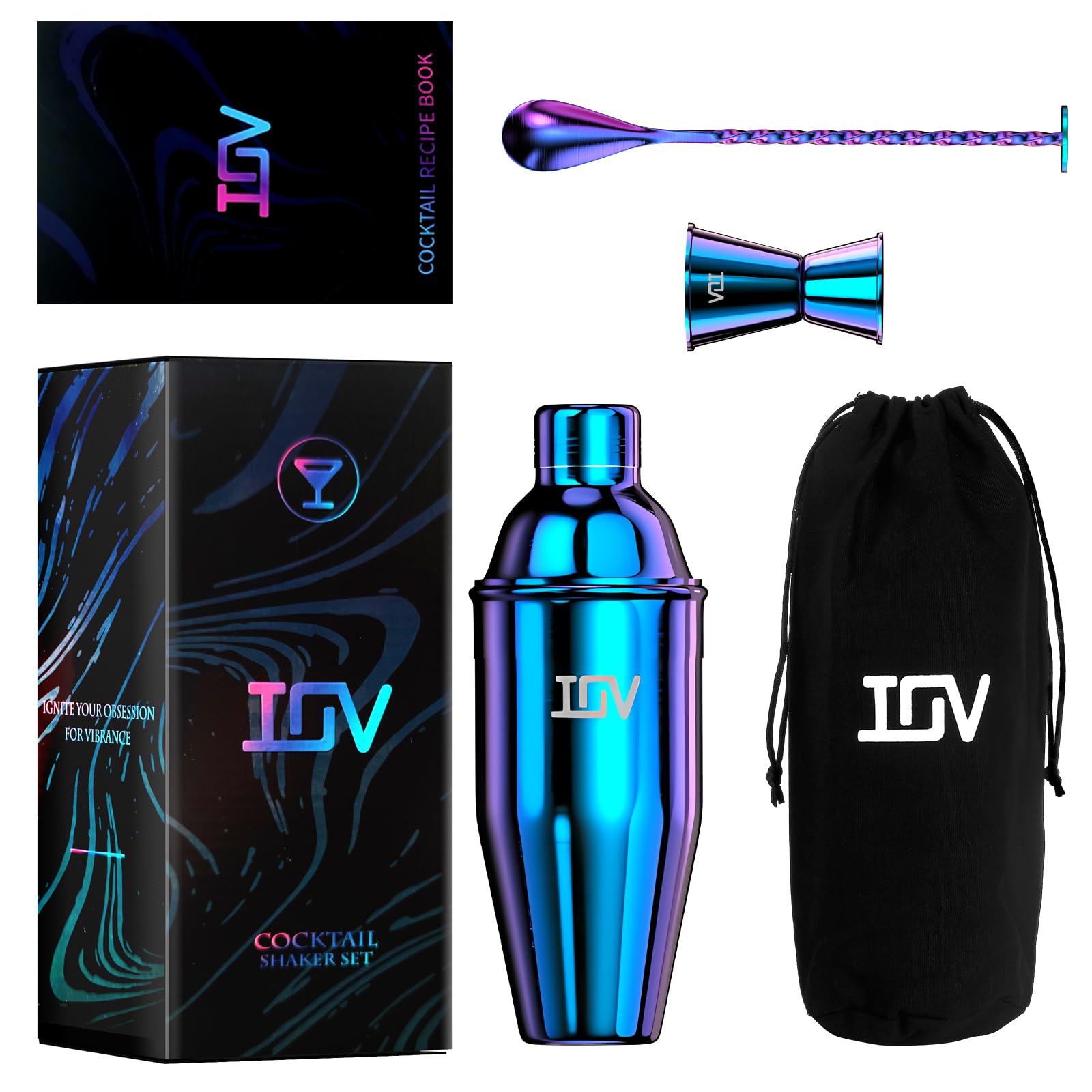 IOV Cocktail Shaker Bar Set, 24oz Martini Shaker with Built-in Strainer, Bar Tool Kit with Recipes Booklet, Professional Stainless Steel Large Bartender Drink Shaker Margarita Alcohol Mixer-Rainbow