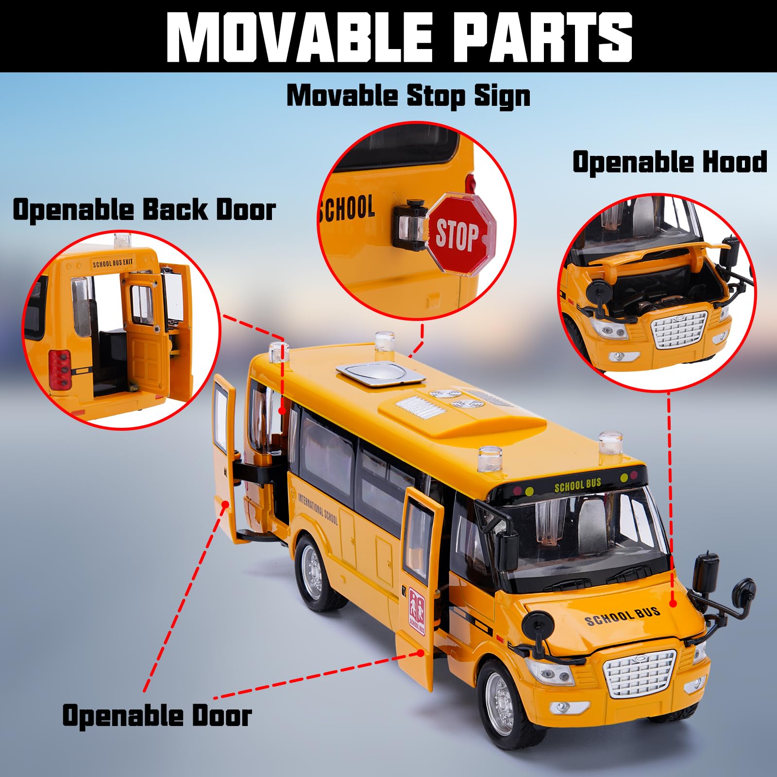 Crelloci School Bus Toy, Die Cast Model Car with Flashing Lights & Sounds, Friction Powered, Back & Side Doors Open, Large Yellow Metal Toy Vehicles, Play Bus Easter Gift for Kids Toddlers Ages 3+
