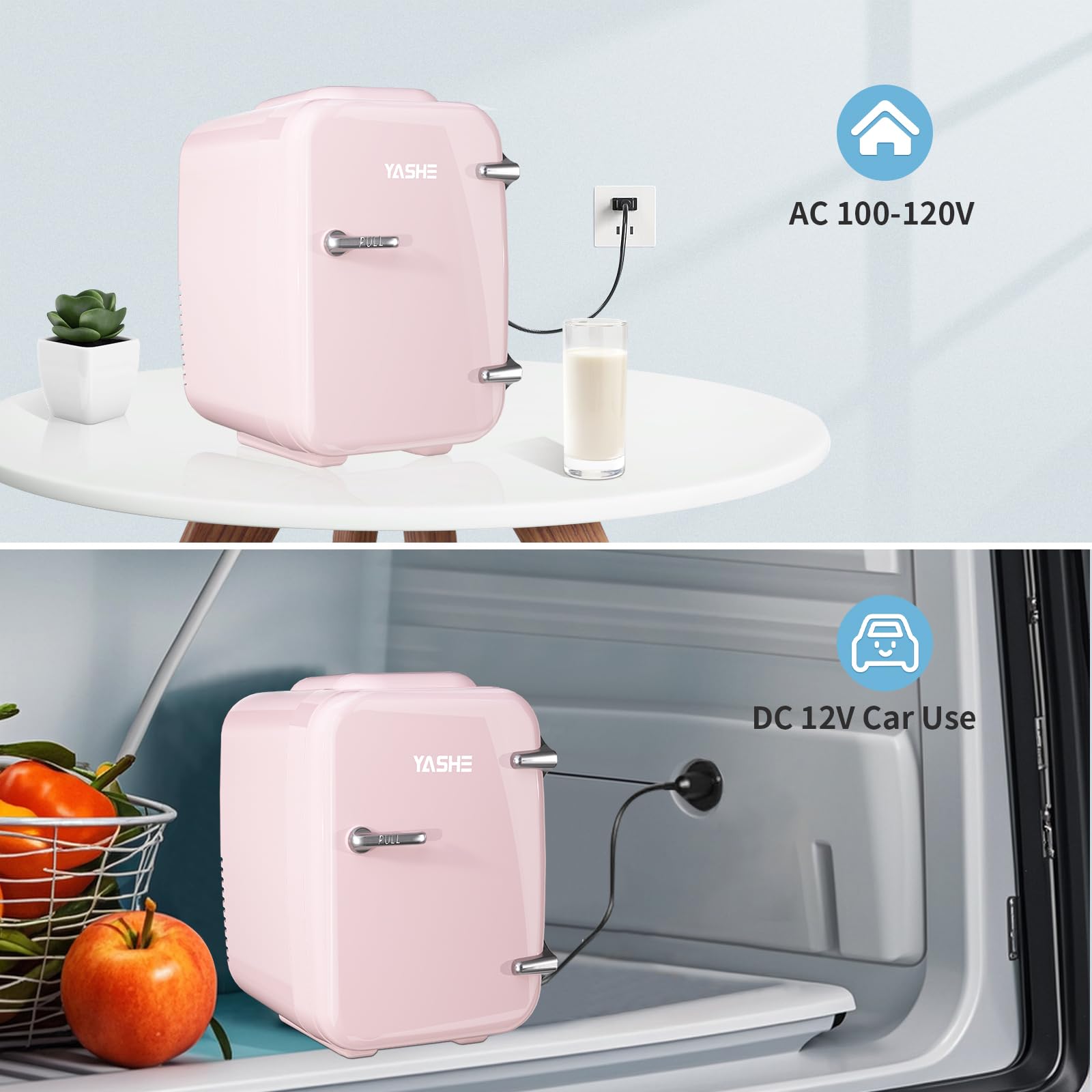 YASHE Mini Fridge, 4 Liter/6 Cans Small Refrigerator for Skincare, 110V AC/ 12V DC Thermoelectric Cooler and Warmer for Drink Office Dorm Bedroom Car, Pink