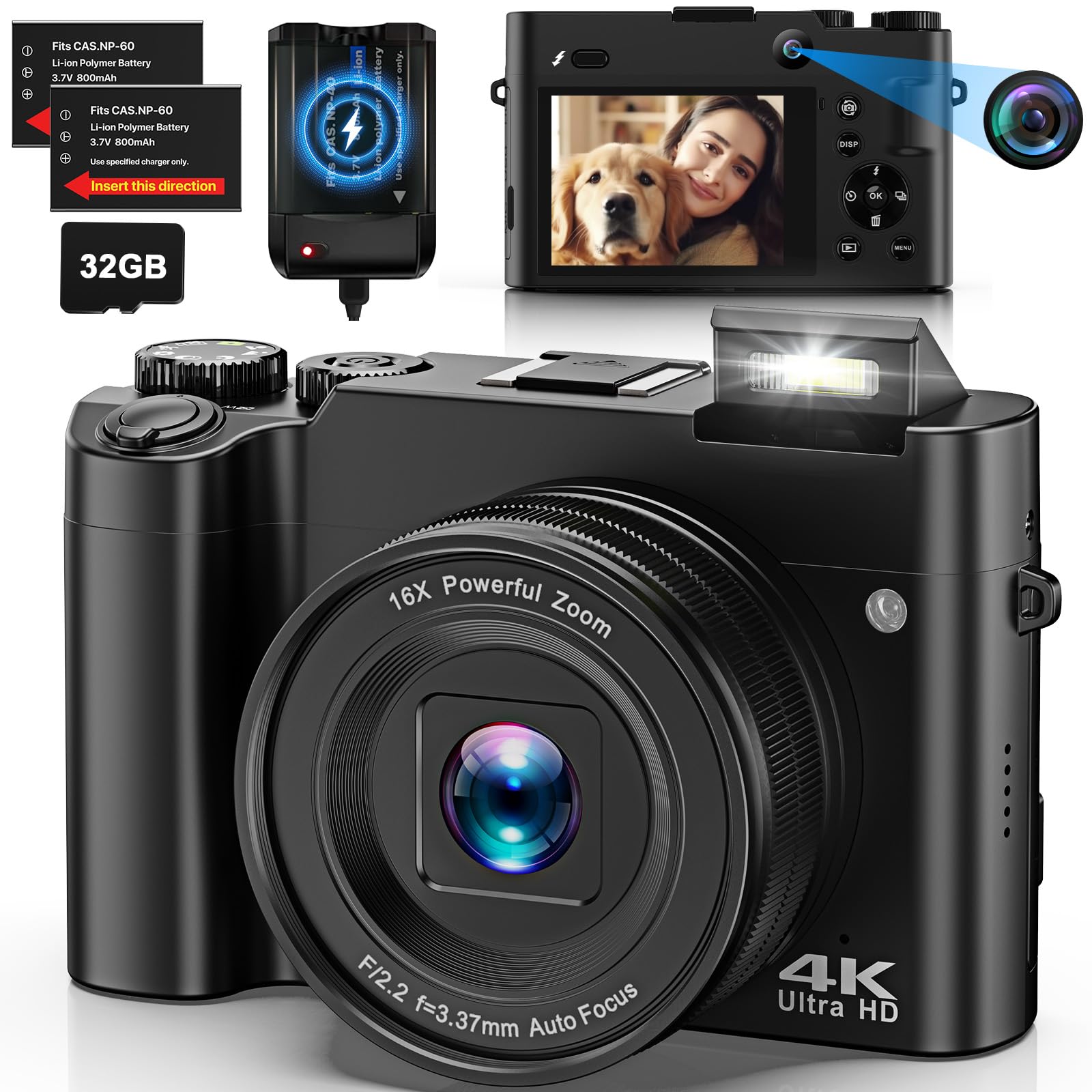 4K Digital Camera for Photography, Dual 64MP Autofocus Vlogging Camera for YouTube, 2.8" Screen Compact Travel Camera with 32GB SD Card, Anti-Shake, Flash, 16X Digital Zoom, 2 Batteries & Charger