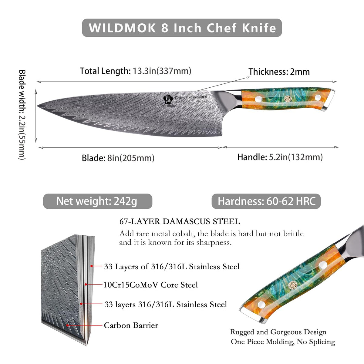 WILDMOK Chef Knife, 8 inch Japanese Damascus Steel Chef Knife, Resin Handle kitchen knives, professional sharp chef's knives for kitchen