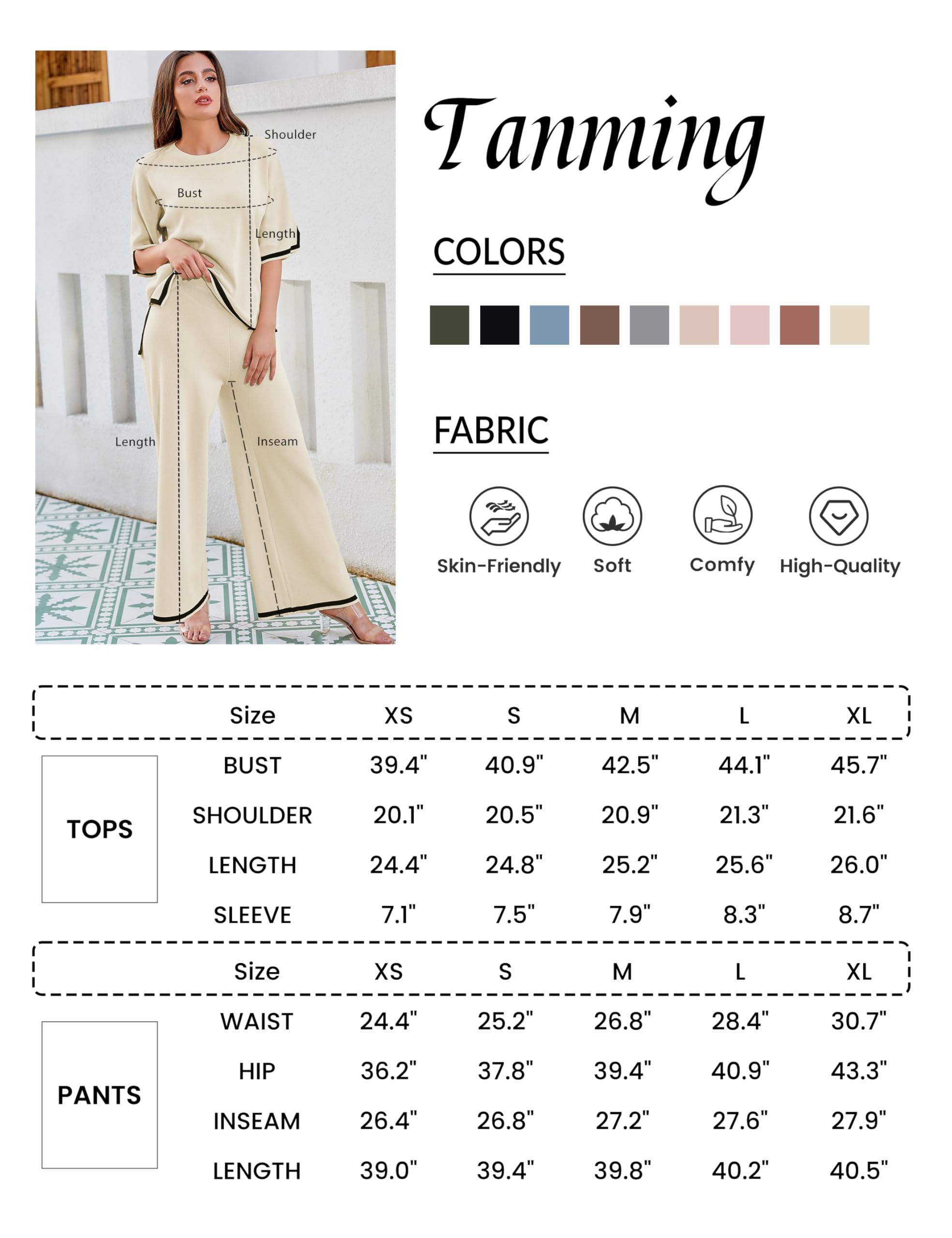 Tanming Sweater Sets Women 2 Piece Lounge Sets Short Sleeve Knit Pullover Tops Wide Leg Pants (Apricot-M)