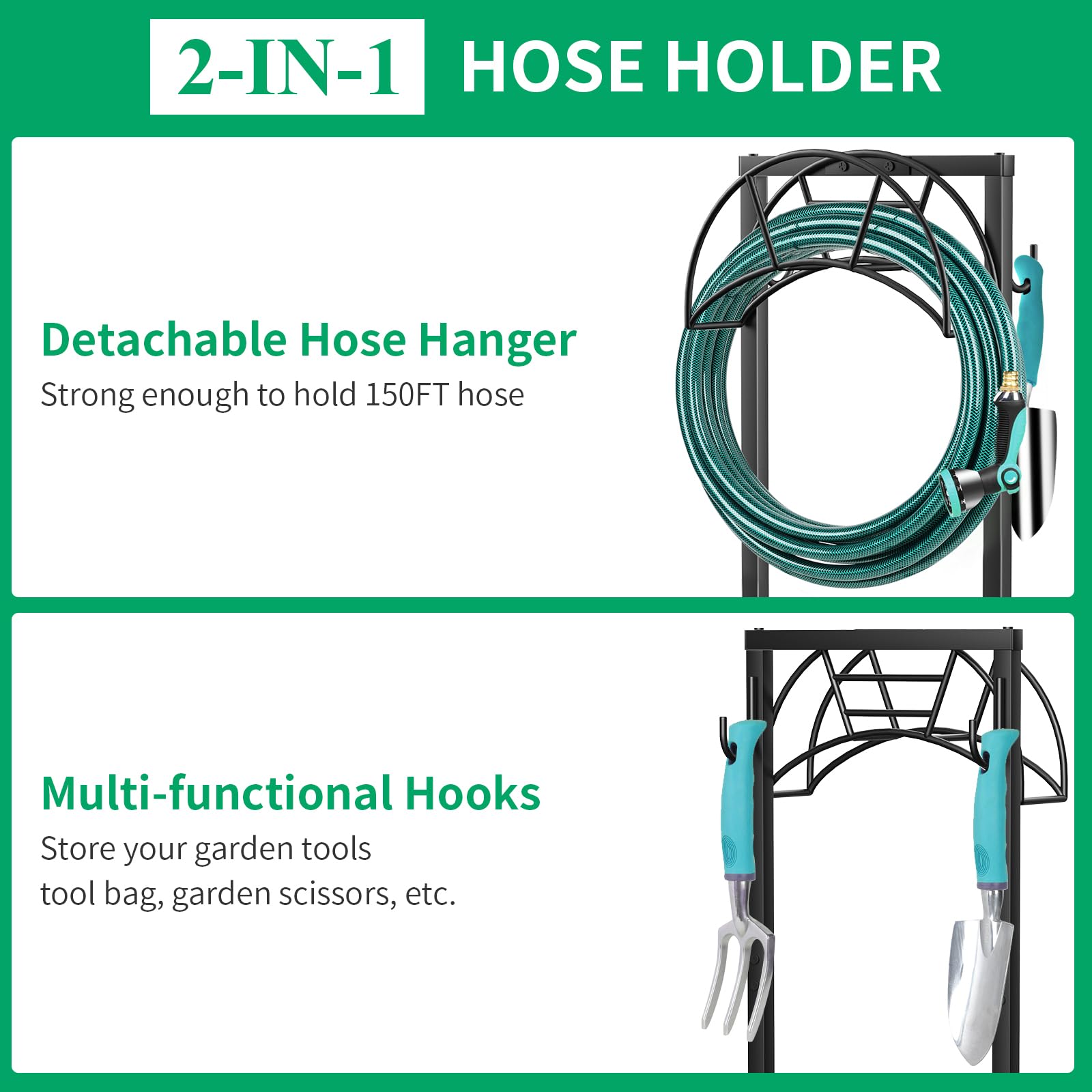 TomCare Garden Hose Holder Water Hose Holder 4 Spikes Garden Hose Reel Hose Stand Upgraded Hose Storage with Tool Hooks Garden Hose Hanger Hose Organizer Holds 150ft Hose for Outside Yard Lawn, Black