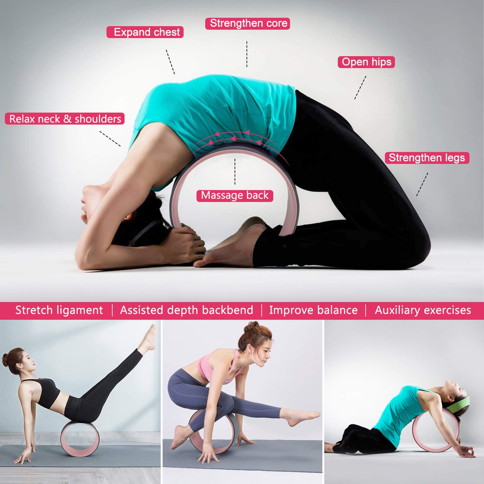 Yoga Wheel Set (11-in-1),Yoga Wheel Back Wheel for Back Pain, Yoga Blocks 2 Pack with Strap, Resistance Bands,Yoga Wheel Bag, Perfect Yoga Accessory for Stretching and Improving Backbends (Grey)