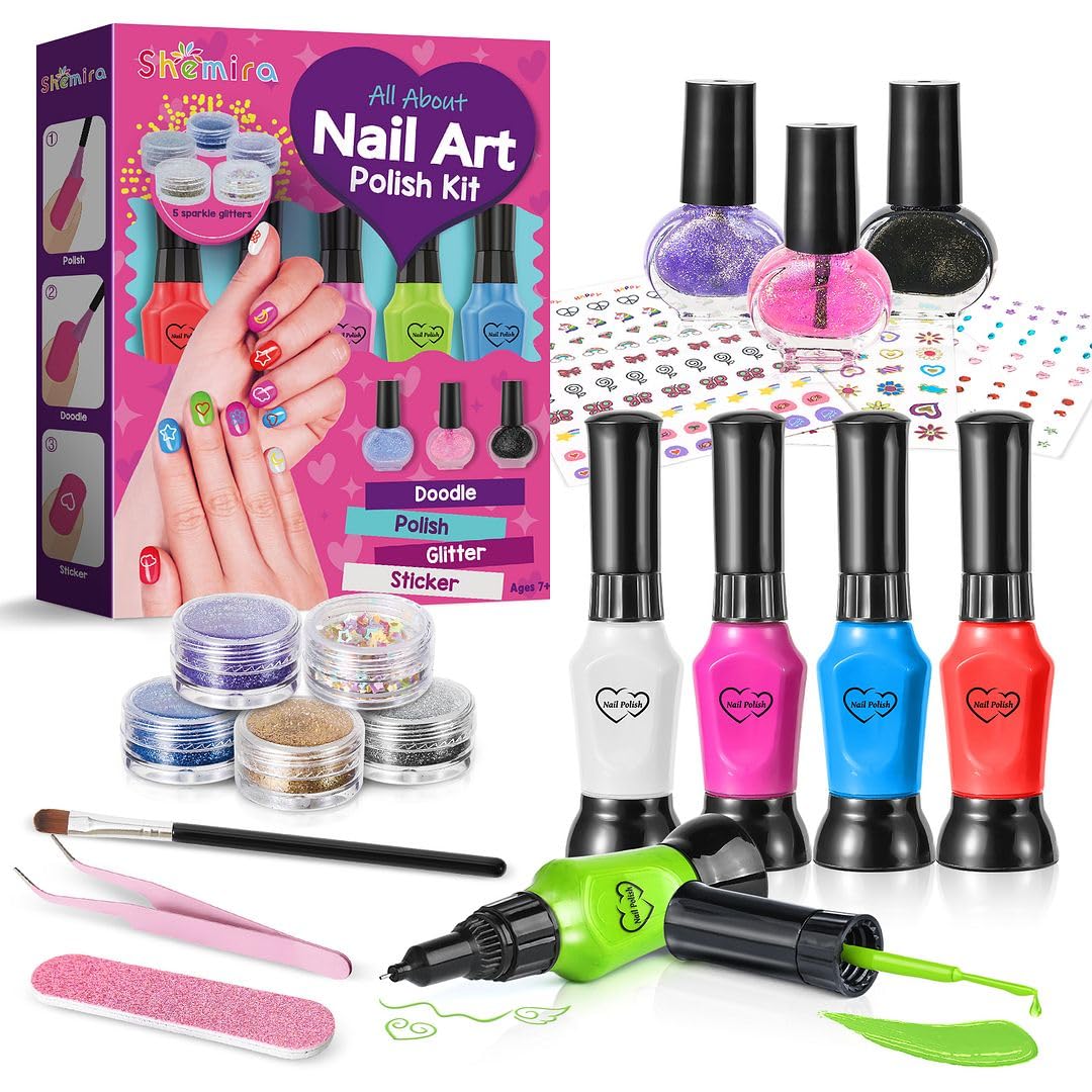 Shemira Nail Art Kit for Girls, Nail Polish Kit for Kids Ages 7-12 Years Old, Ideal Birthday Gift for Girls 7 8 9 10 11 12 Years Old, Nail Polish GIft Set for Teens