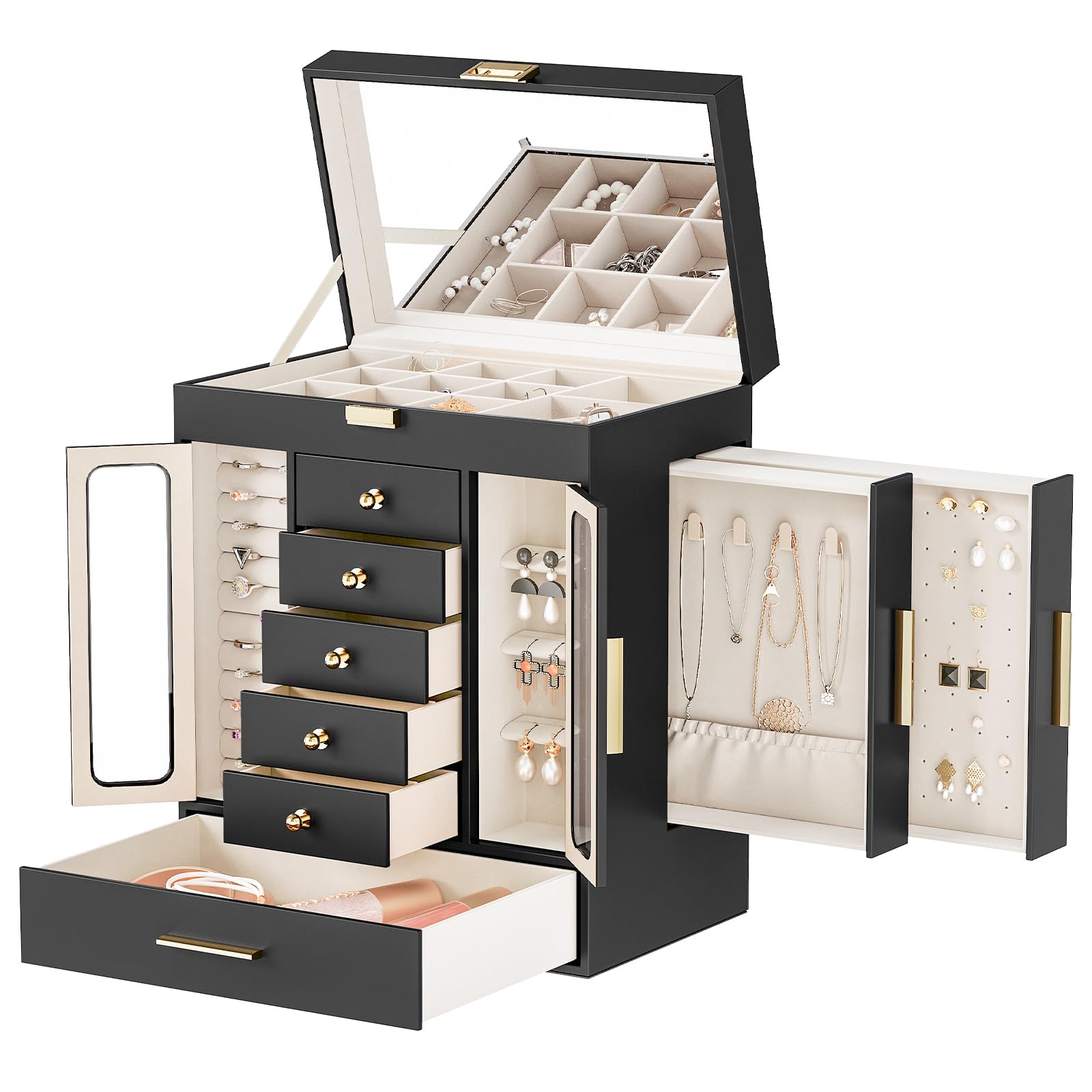 HOOBRO Jewelry Box, Jewelry Organizer Box, Top Lid with Mirror, Removable Drawers, 10.2" L x 6.5" W x 12.6" H, Mother's Day Gift, for Yourself or Your Loved Ones, Black BK07JB04