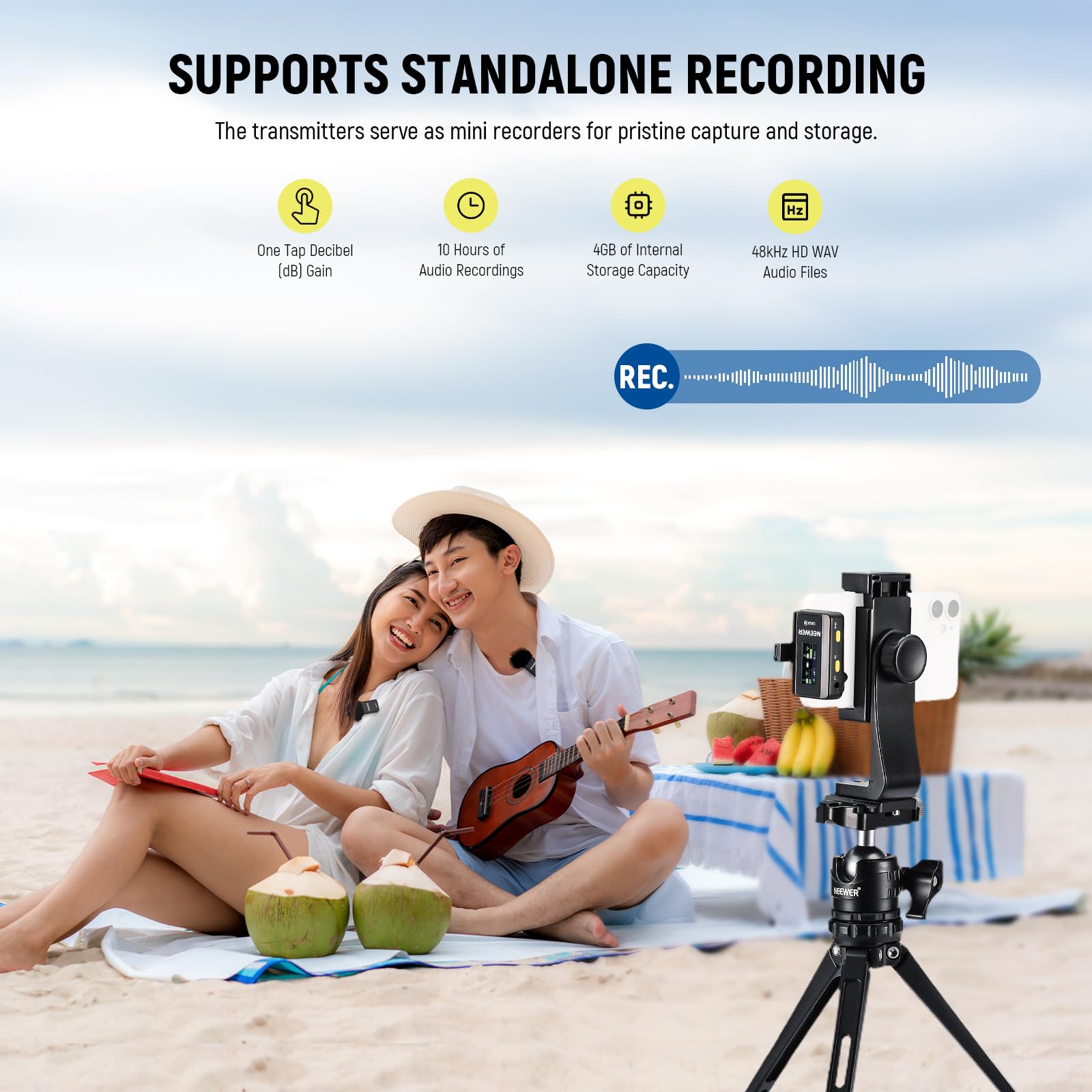 Neewer CM28 Wireless Lavalier Microphone System, 1 Click Noise Canceling, 4GB Storage for 9Hrs of 48KHz 16 Bit Uncompressed Audio, Lapel Mic Compatible with iPhone/Android/PC/Camera