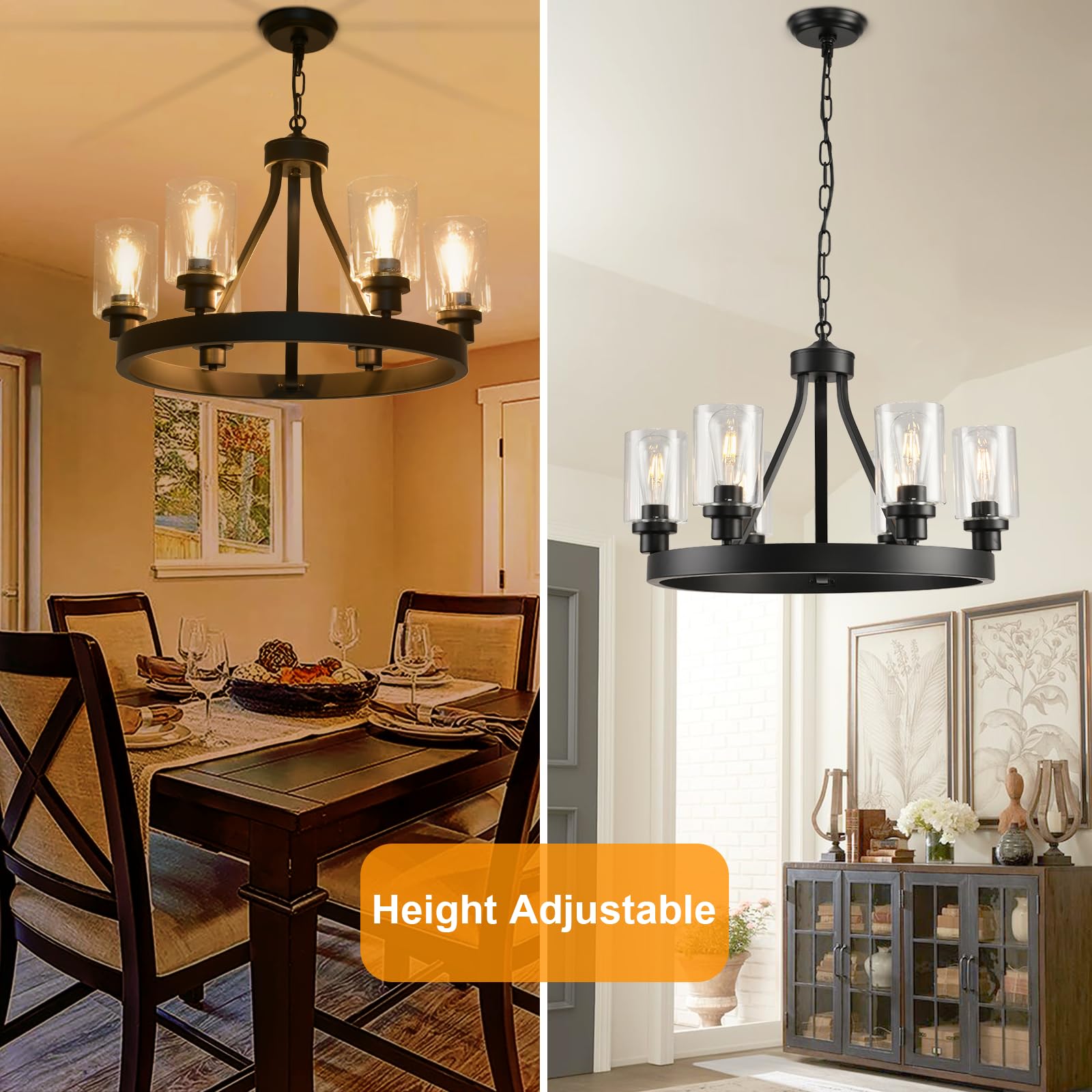 6 Light Farmhouse Chandelier, Black Dining Room Light Fixtures Ceiling Hanging Metal Wagon Wheel Chandeliers Black Pendant Light Fixtures for Kitchen Island, Dining Room, Living Rooom, Bedroom,Foyer