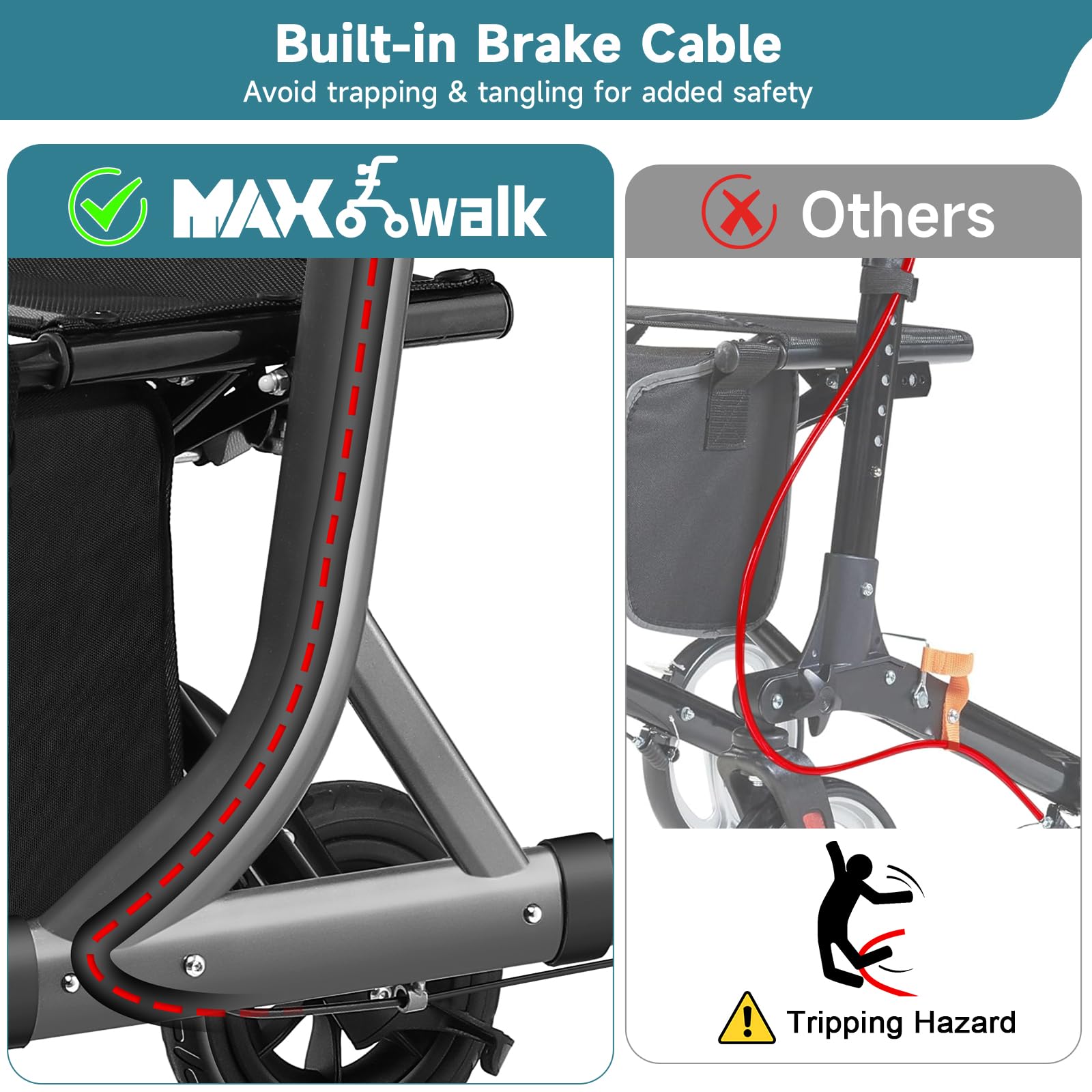 MAXWALK Walkers for Seniors, Rollator Walker with Seat, 8" Rubber Wheels All Terrain Rollator Walker with Backrest, Aluminum Walkers Built-in Cable, Foldable and Adjustable Height for Seniors, Purple