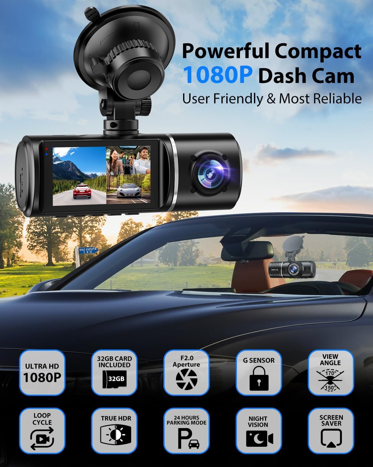 SUVCON Dash Cam, 3 Channel Dash Cam, 1080P Dash Cam Front and Inside, Triple Dash Cam, Dash Camera with 32GB Card, HDR, G-Sensor, 24Hr Parking, Front Rear Dash Cam Loop Recording