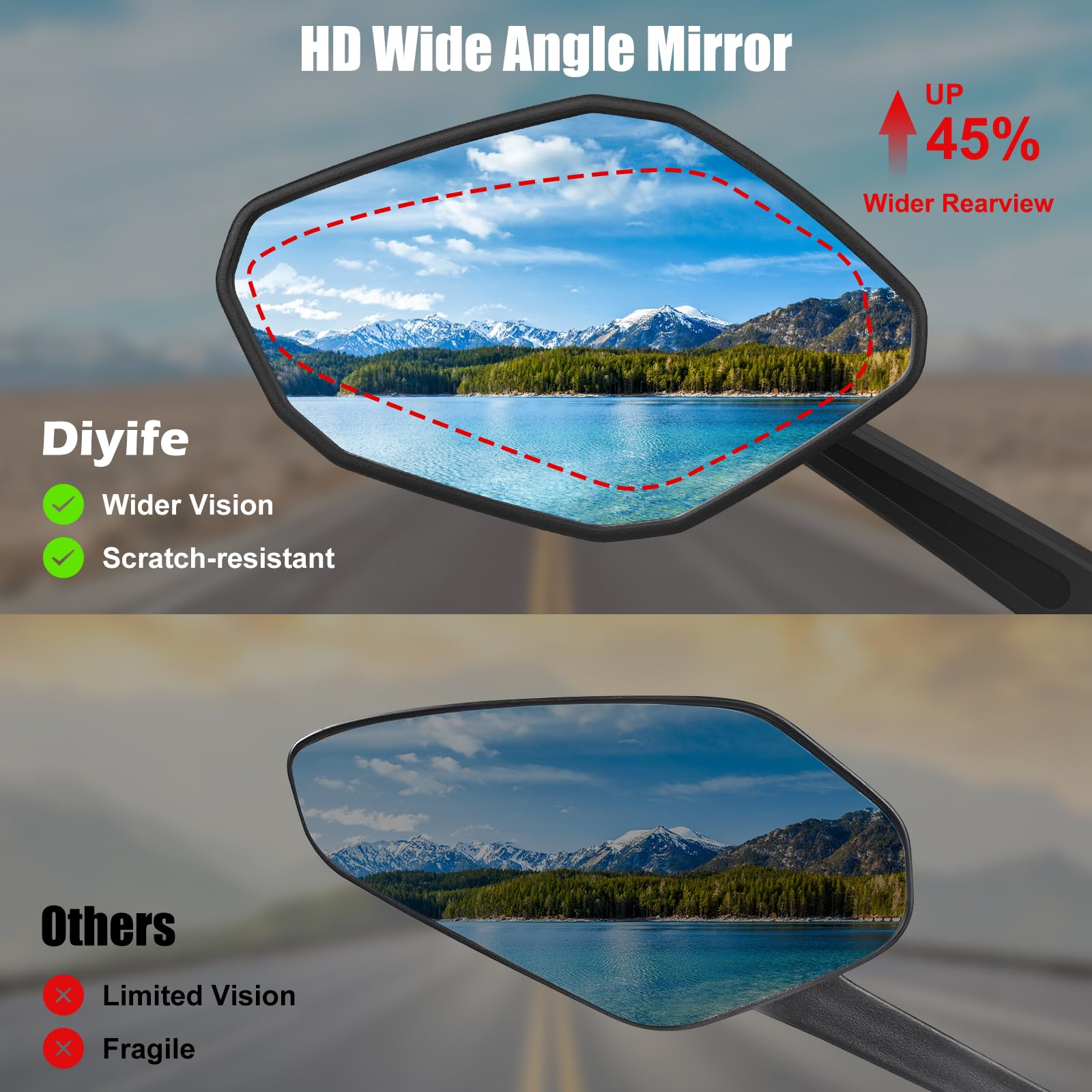Diyife Bike Mirror, Bike Mirror Handlebar Mount 1 Pair, Wide Angle Large Handlebar Rearview Mirror, Blast-Resistant 360°Adjustable Bicycle Rear View Mirror Accessories for Mountain Road Bike