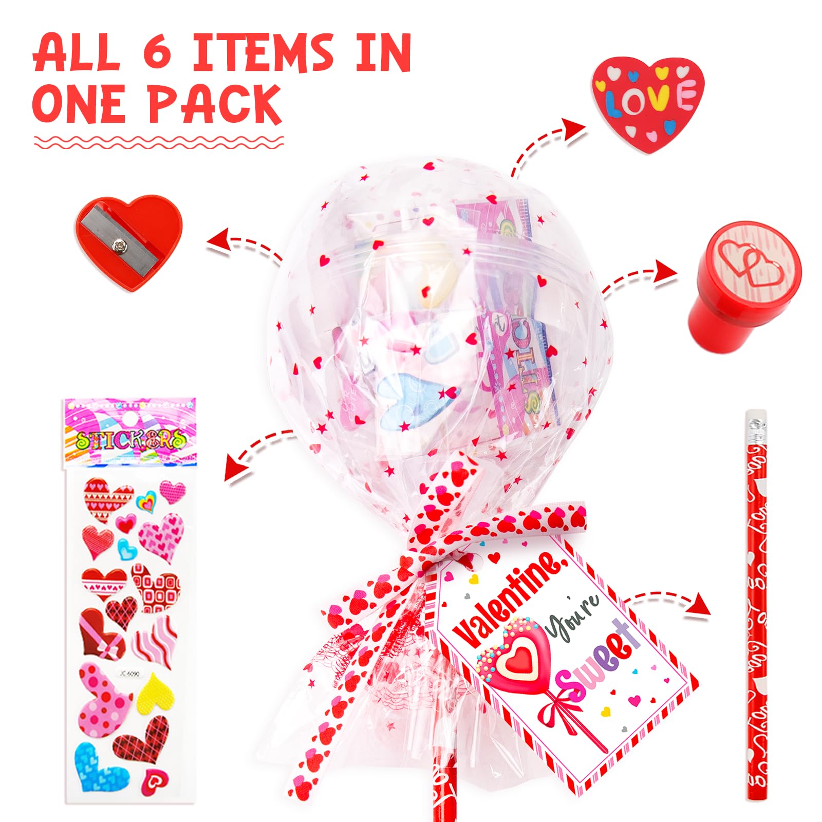 Valentines Day Gifts for Kids - 24 Pack Giant Lollipop-Shaped Stationery Set with Valentine's Cards Pencils Stickers Erasers Stampers Sharpener for Classroom Exchange School Boys Girls Party Favors