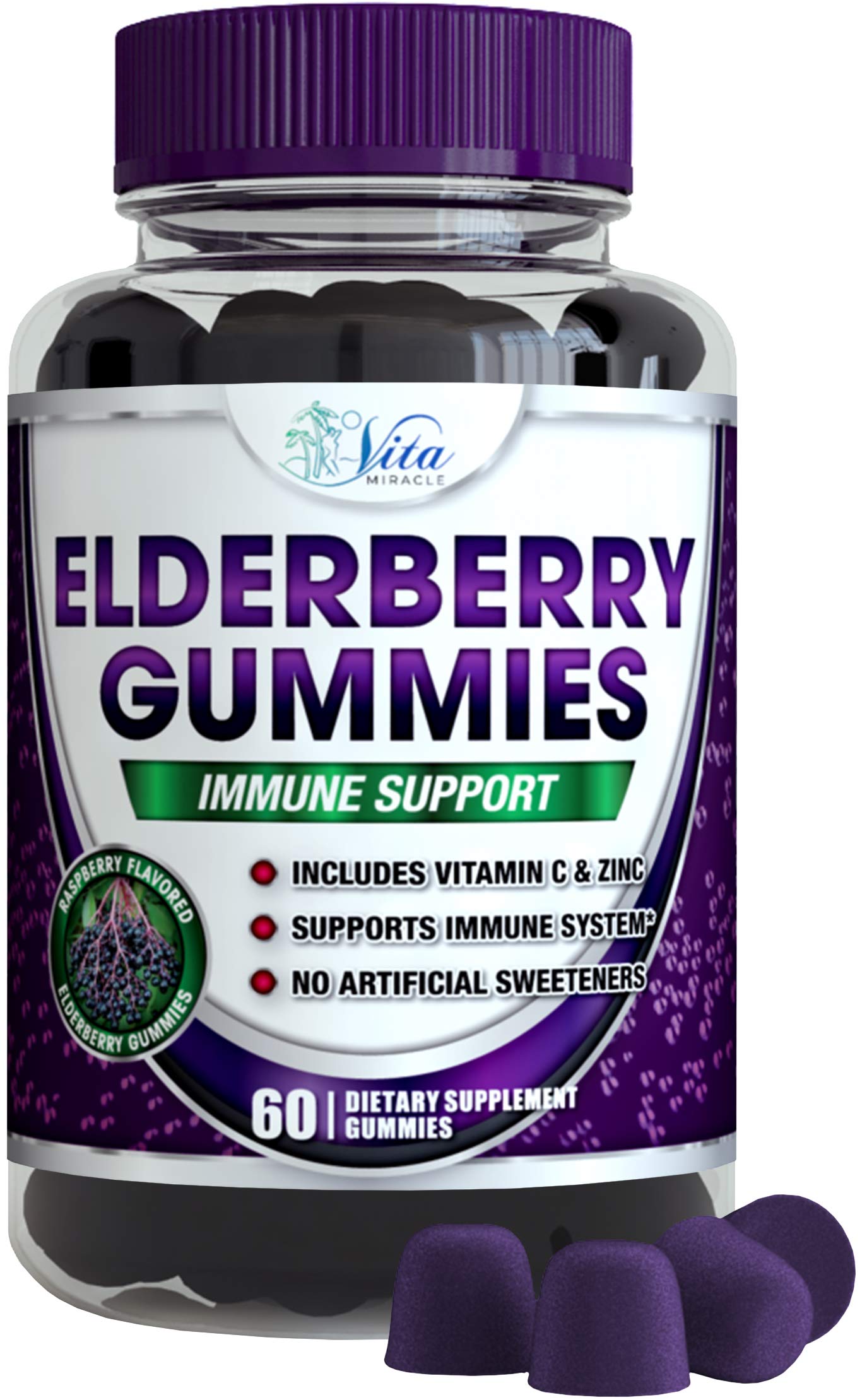 Sambucus Elderberry Gummies for Adults & Kids with Vitamin C and Zinc High Potency Daily Immune Support Gummy Gluten Free Vegan Non-GMO All Natural 60 Count