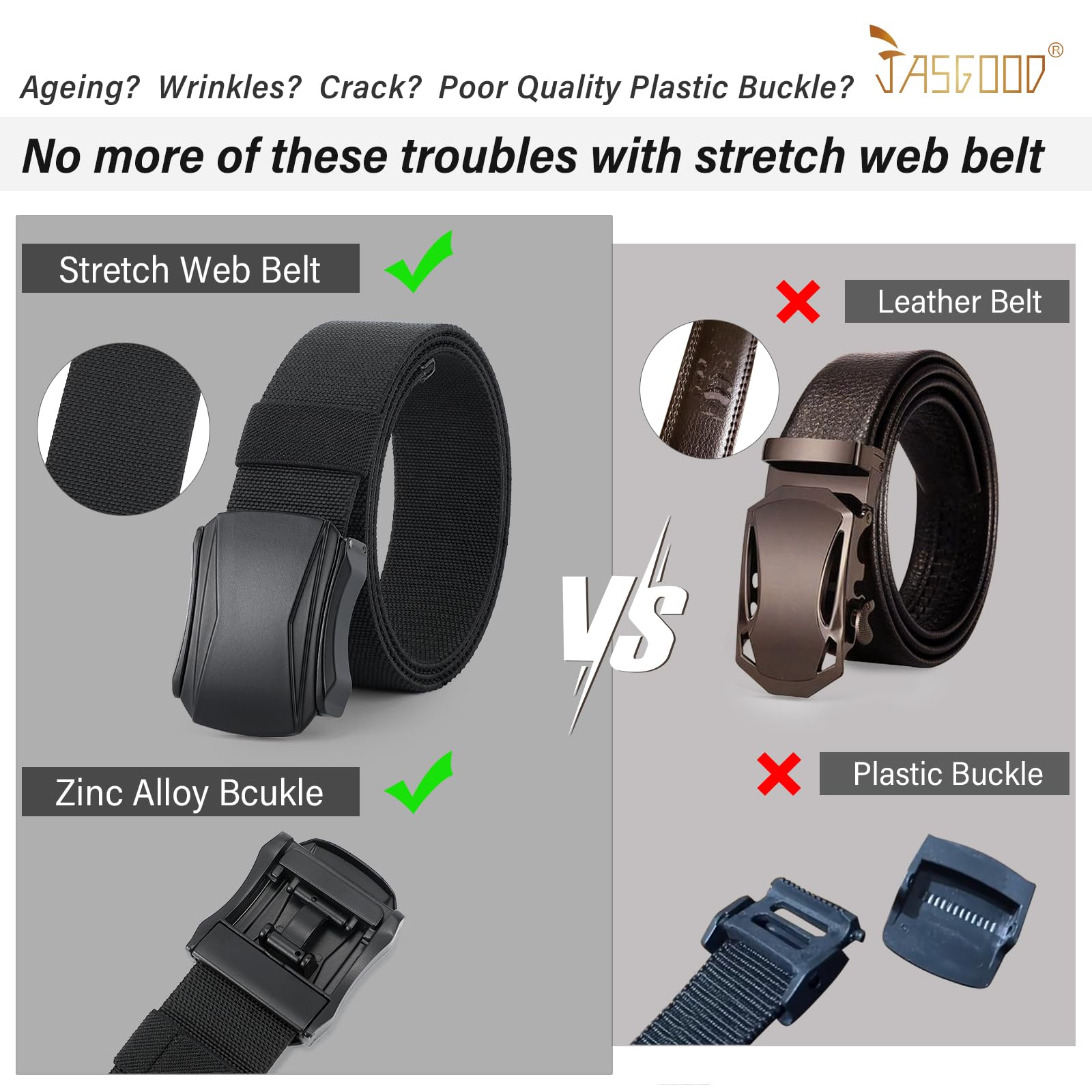 JASGOOD 2 Pack Men Belt Military Tactical Stretch Nylon Belt for Pants Webbing Belt for Hiking Hunting,Black+Grey