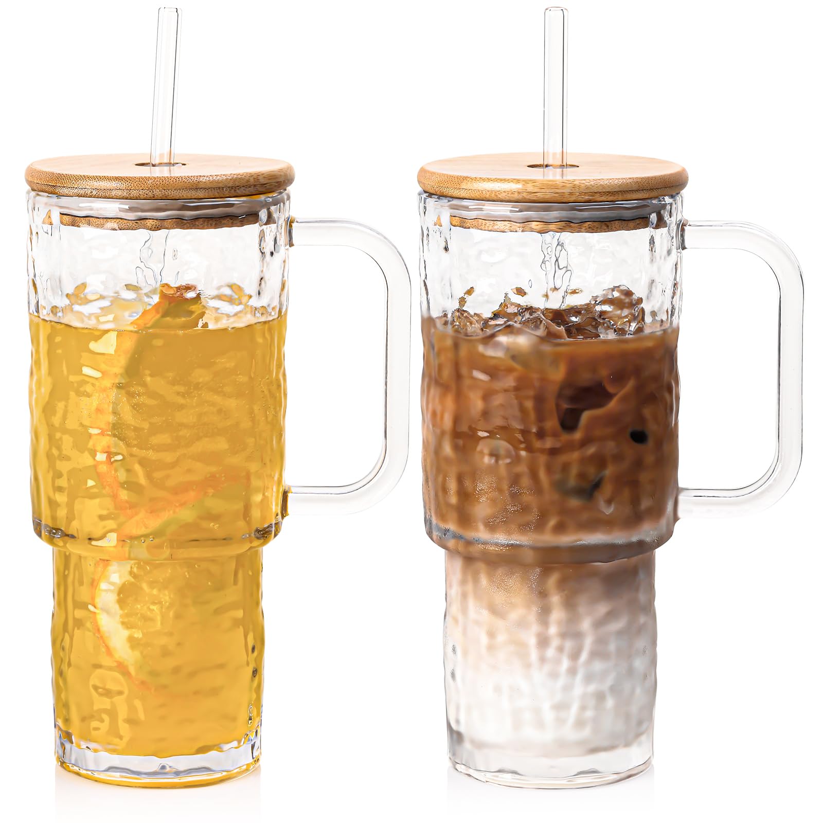 SIPBYSOP 26 oz Water Ripple Glass Tumbler with Handle Lid and Straw, 2 Pack Large Iced Coffee Cups,With Bamboo Lid,for for Hot & Cold Beverages, Smoothies, Tea and Juice, Dishwasher Safe