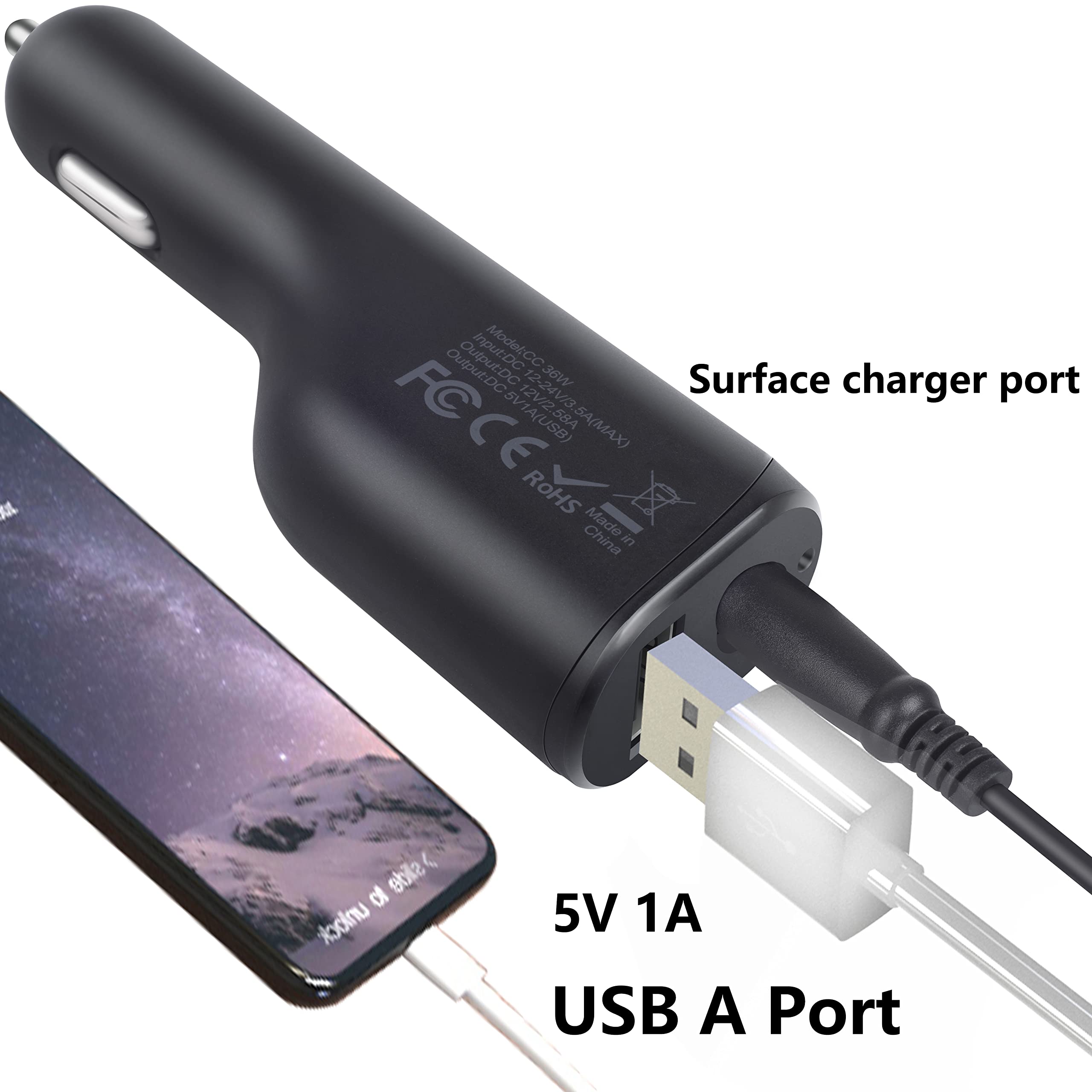 Surface Pro Car Charger Surface Laptop Car Charger,36W 12V 2.58A Power Supply for Microsoft Surface Pro 3/4/5/6/Book/Go,Surface Pro 9,Surface Laptop car charger with USB 2.0 Port(5Ft Cord)&Travel Case