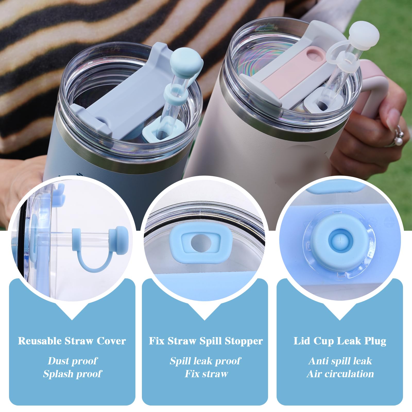 YKIAMGH Spill Stopper for Stanley Cup 40oz 30oz Tumbler with Handle Quencher Accessories, Include Reusable Straw Cover, Leak Stopper and Spill Plug Lid, 6pcs (H1.0, Blue)