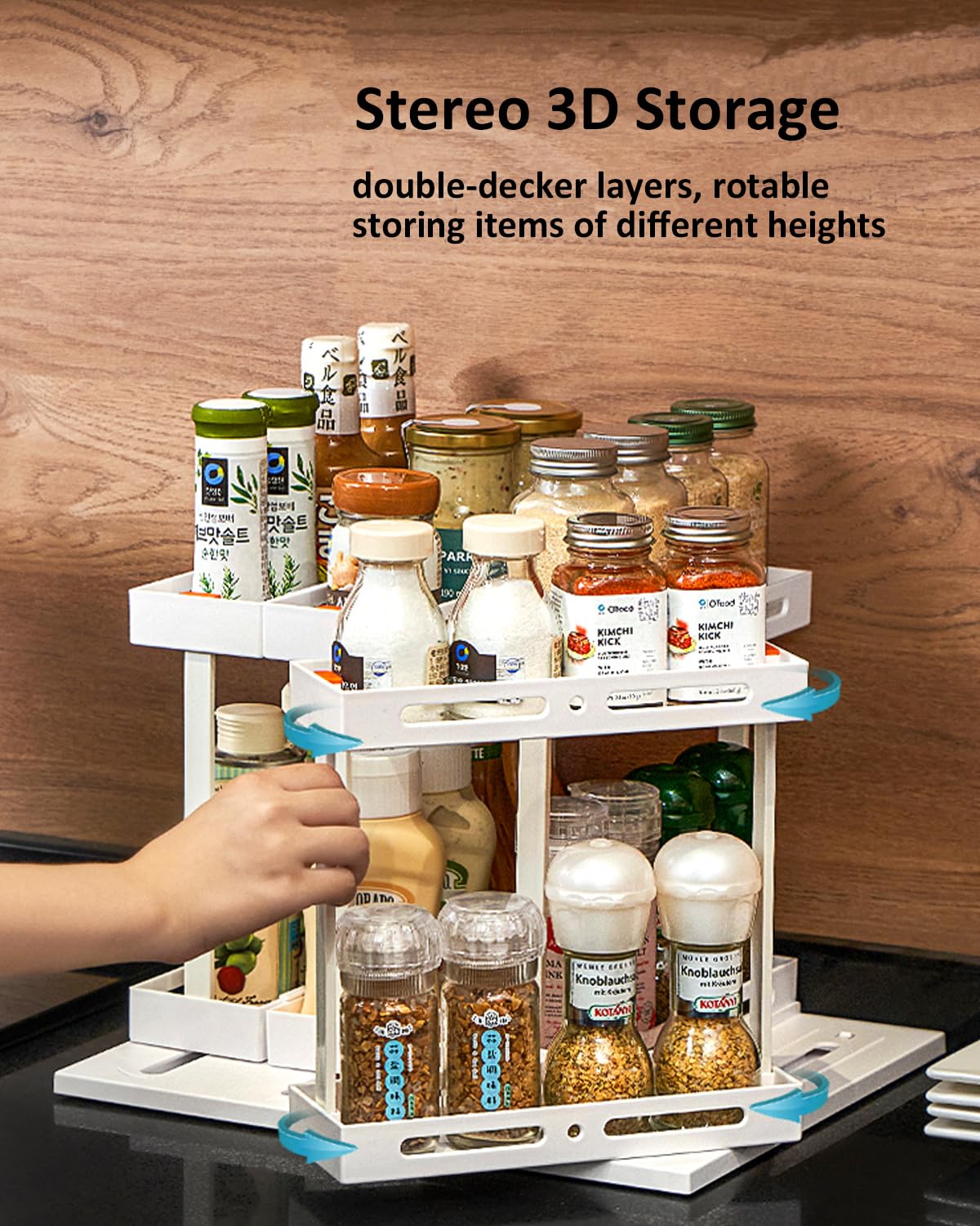 FDWYTY Spice Rack Organizer, Pull & Rotate Cabinet Shelf with 2 Double-Decker Shelves, Organization and Storage for Seasoning Jars, Medicine, Fridge - 1 Pack, 7.88”H x 6.3”W x 11.7”D