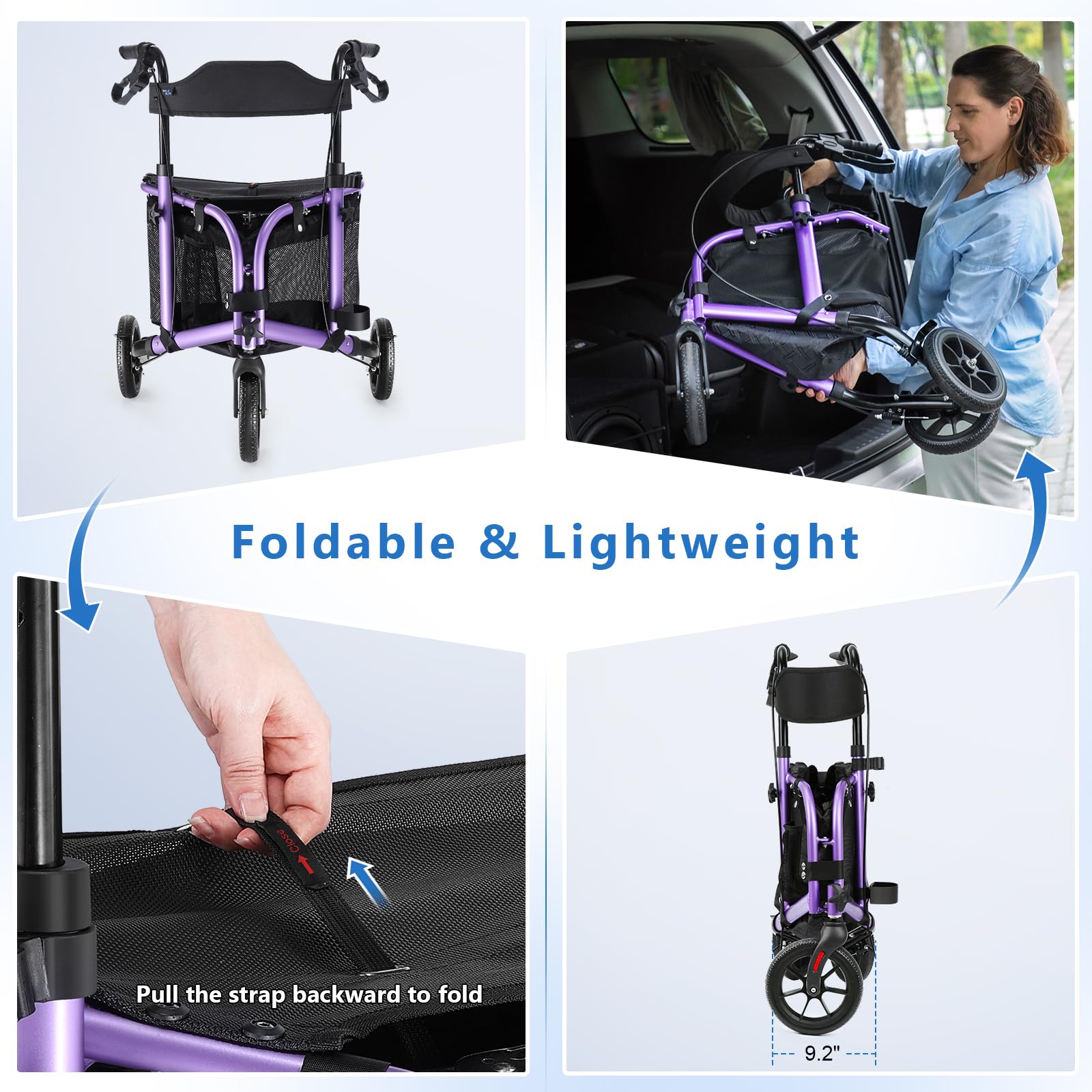 WALK MATE 3 Wheel Rollator Walker with Seat for Slim Seniors, Padded Backrest Lightweight Foldable Travel Walker Ideal for Elderly, 8 Inch Tri-Wheel Modern Mobility Walking Aid Aluminum, Purple