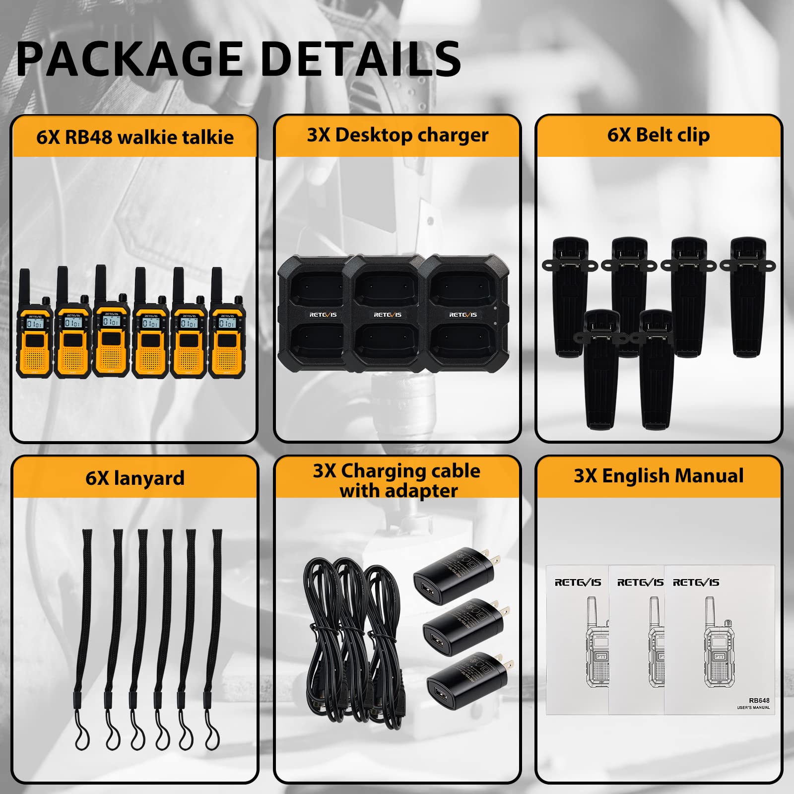 Retevis RB48 2 Way Radio Long Range, IP67 Waterproof Walkie Talkies Adults, Professional Heavy Duty Two Way Radios, Advanced Triple Proof, for Job Site Construction Warehouse(6 Pack)