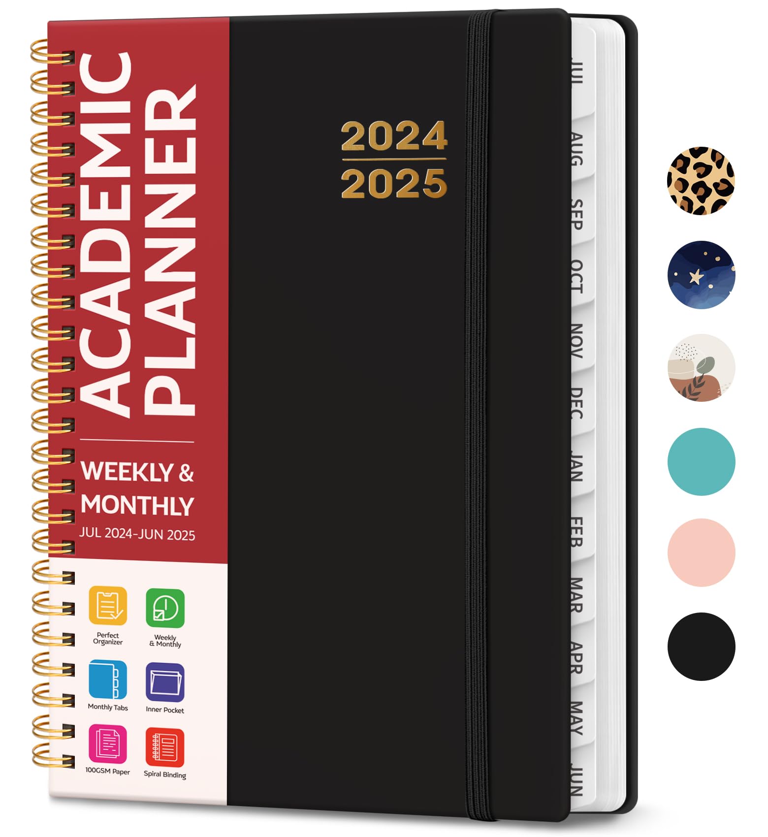 Academic Planner 2024-2025 For Women & Men, Monthly and Weekly Calender Planner, Jul 2024 - Jun 2025, A5 (6.3" x 8.5"), Teacher Planner 2024-2025 with Tabs, Ideal for Office School Supplies-Style1-Black