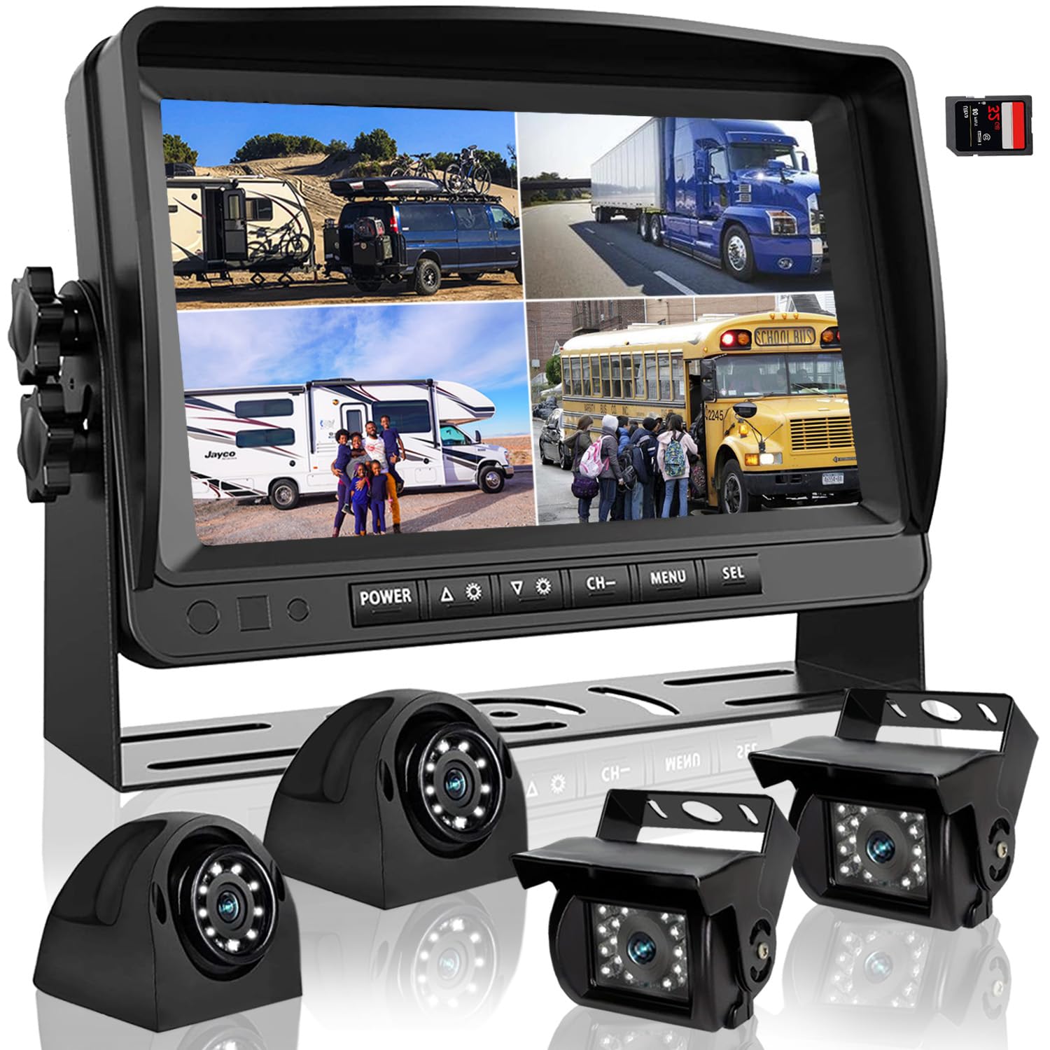 Backup Camera System with 9'' Quad Split 1080P Monitor for RV Trailer Semi Truck Camper Bus & 4 AHD Rear Side View Camera with DVR Record Function Night Vision IP69 Waterproof Avoid Blind Spot DOUXURY